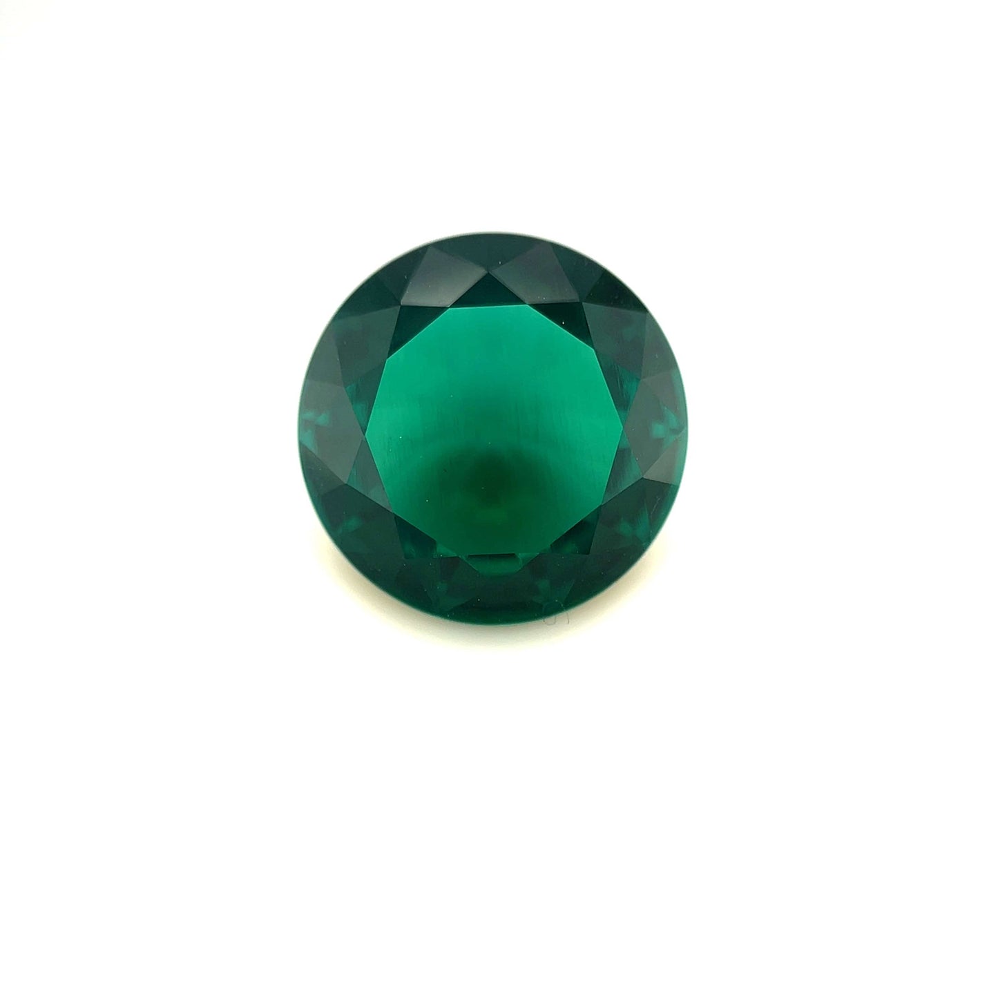 A 13mm Exceptional Round Zambian Color Lab Created Emerald is centered on a plain white background.