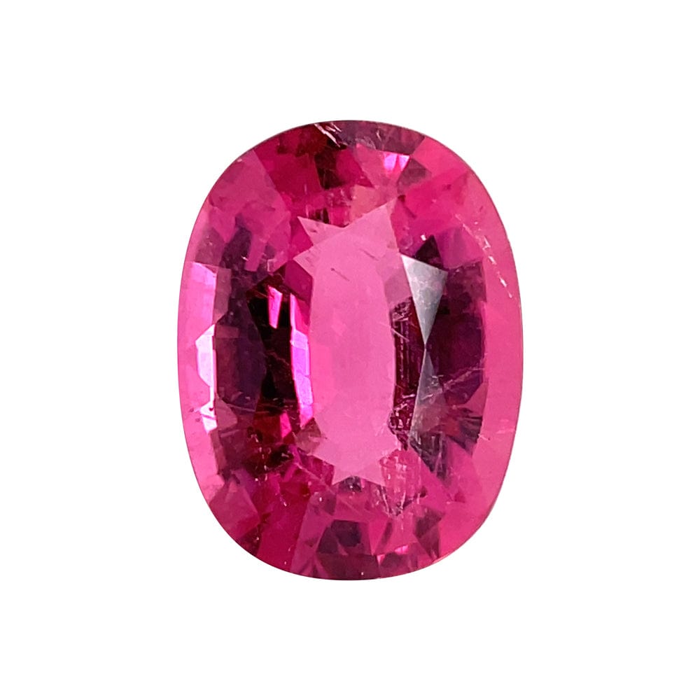 An 8.91 carats oval premium rubellite tourmaline (16.2x12.1 mm), untreated and vibrant, sparkles in multiple pink shades on a plain white background, highlighting its precise faceting and natural beauty.