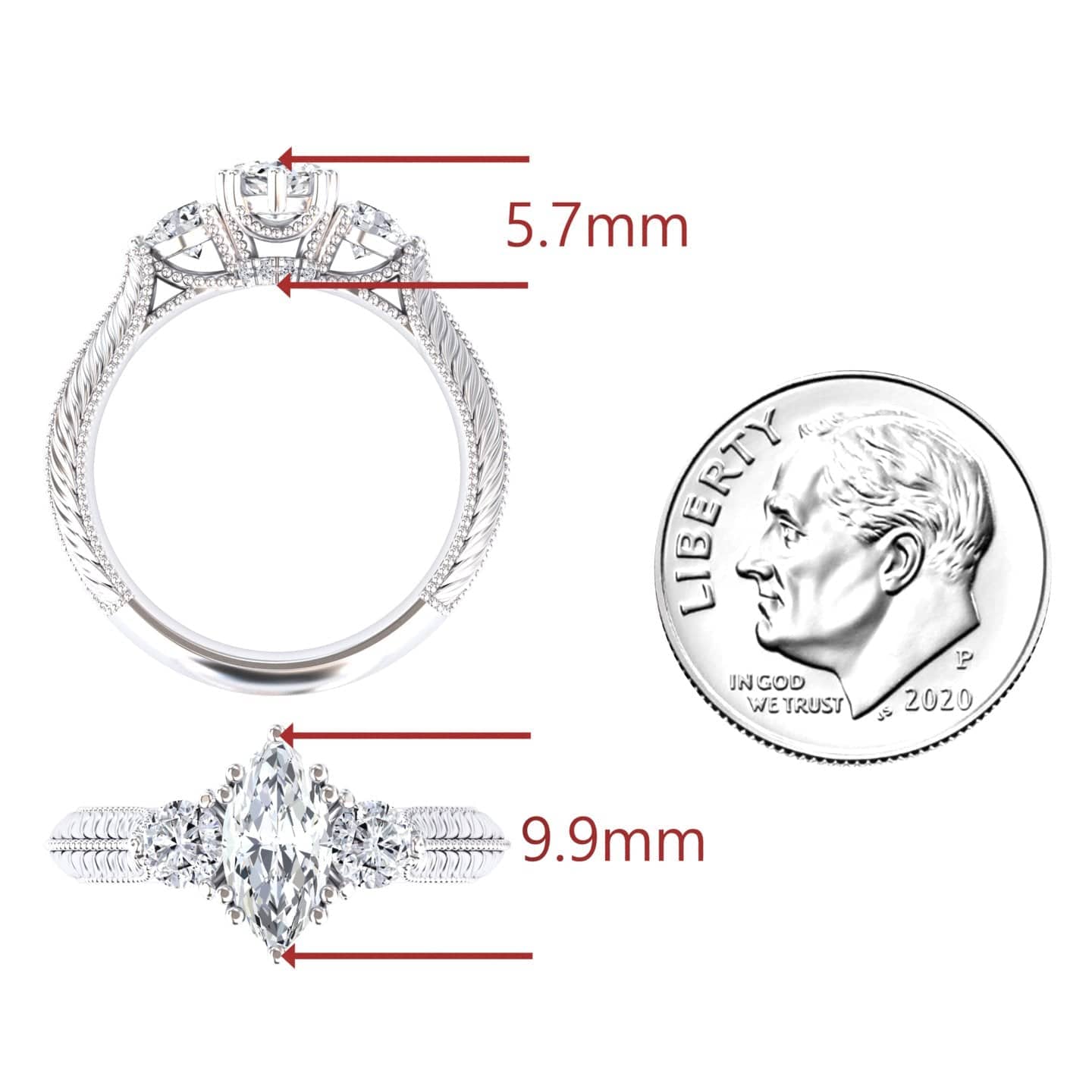 White Diamond Vintage Three-Stone Milgrain Engagement Ring - Kathryn