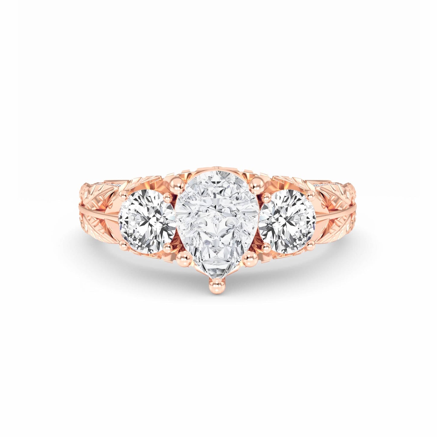 White Diamond Three-Stone Vintage Engraved Engagement Ring - Anneliese