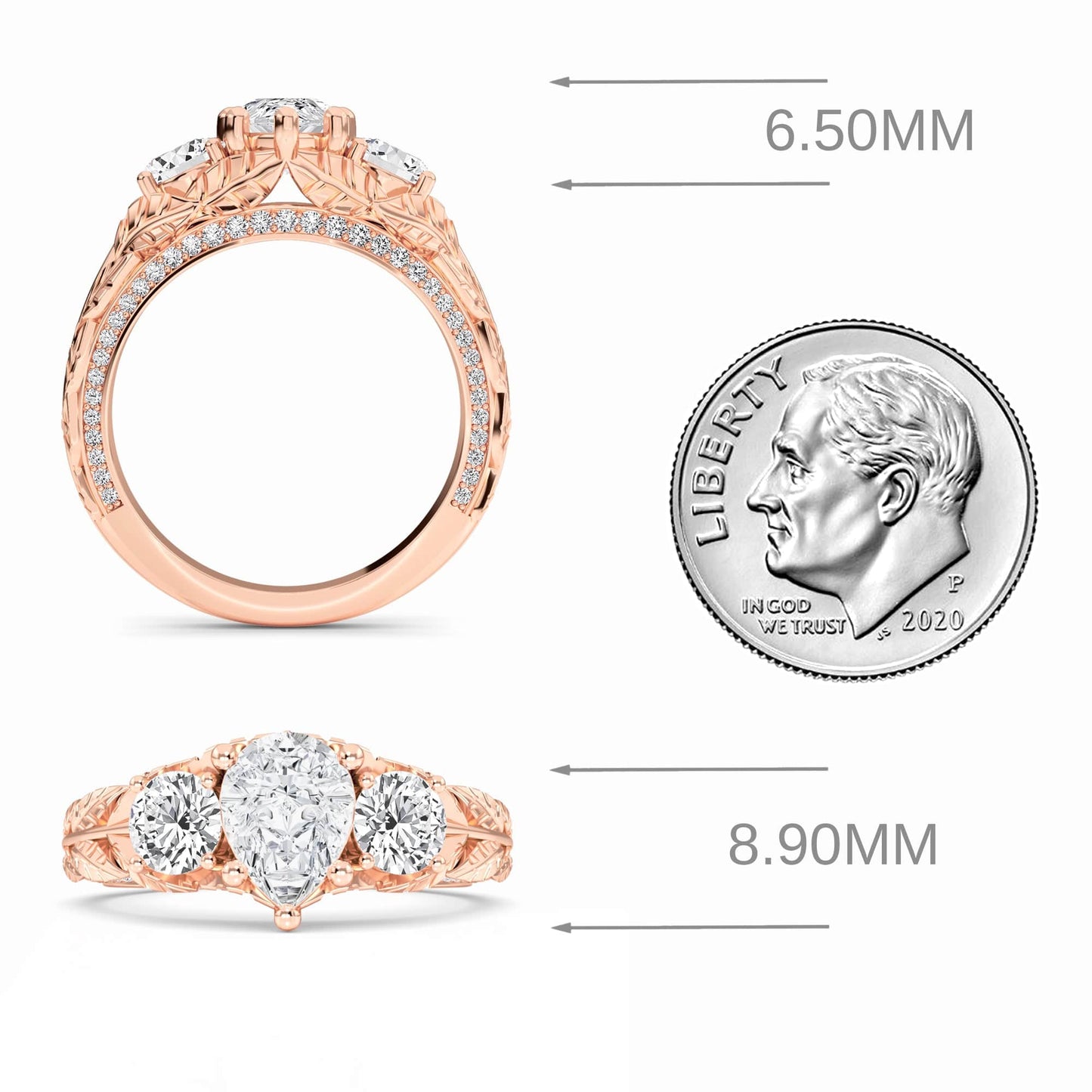 White Diamond Three-Stone Vintage Engraved Engagement Ring - Anneliese
