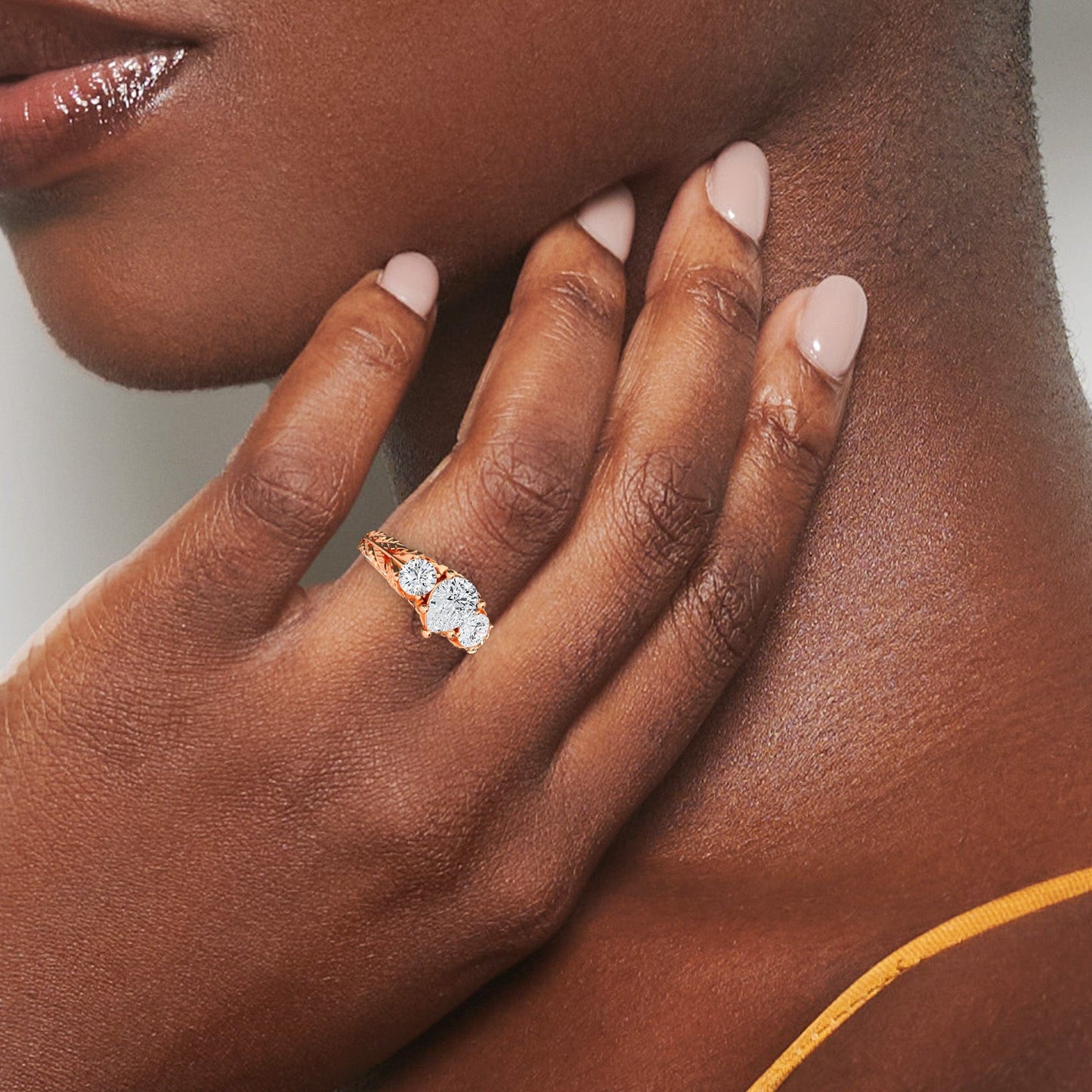White Diamond Three-Stone Vintage Engraved Engagement Ring - Anneliese