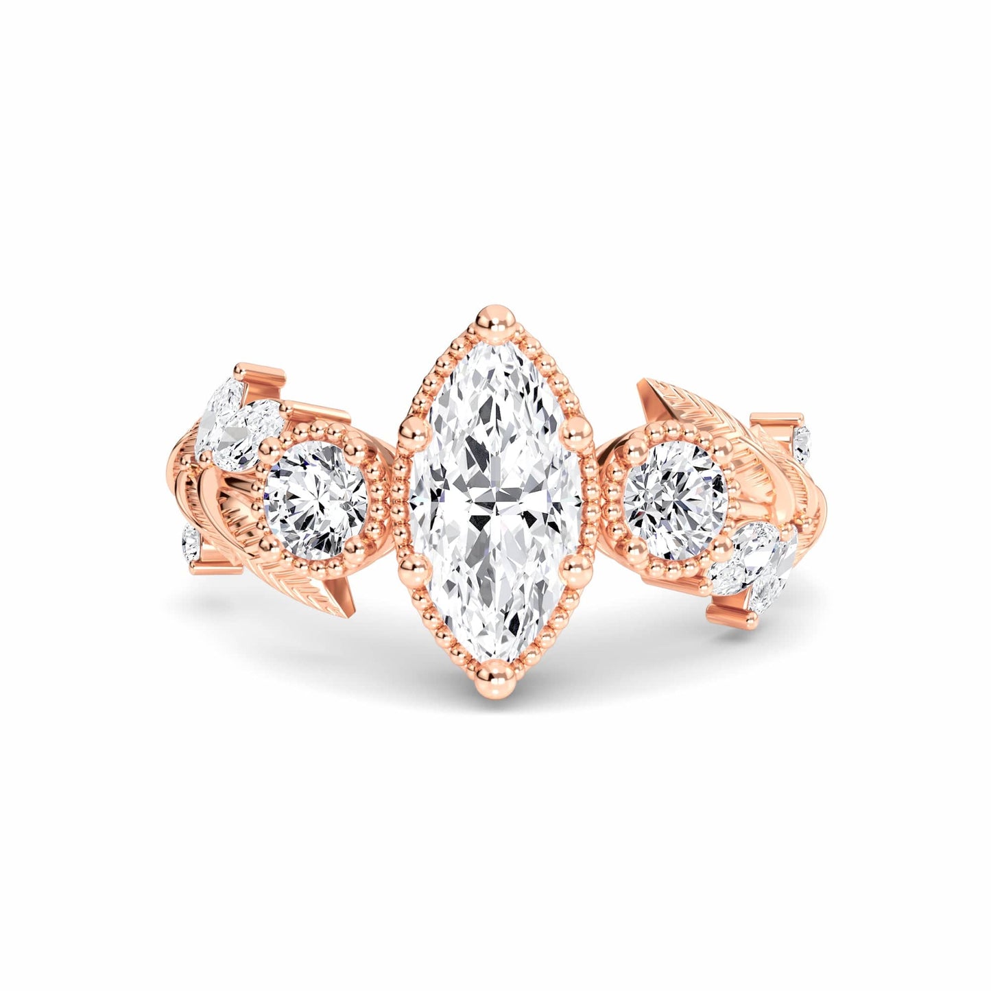 White Diamond Leaf Scroll Celestia Three-Stone Bridal Engagement Ring - Yanxia