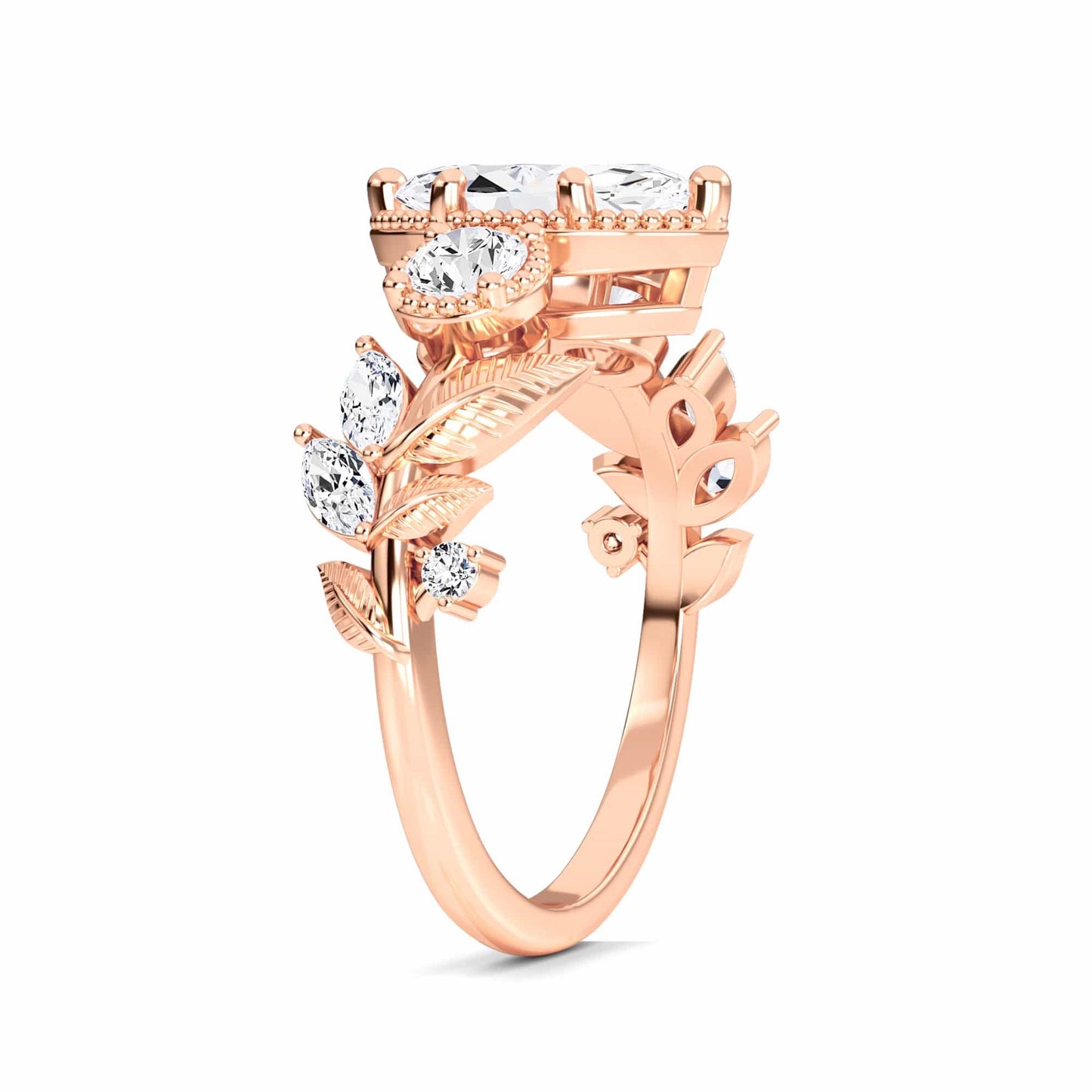 White Diamond Leaf Scroll Celestia Three-Stone Bridal Engagement Ring - Yanxia