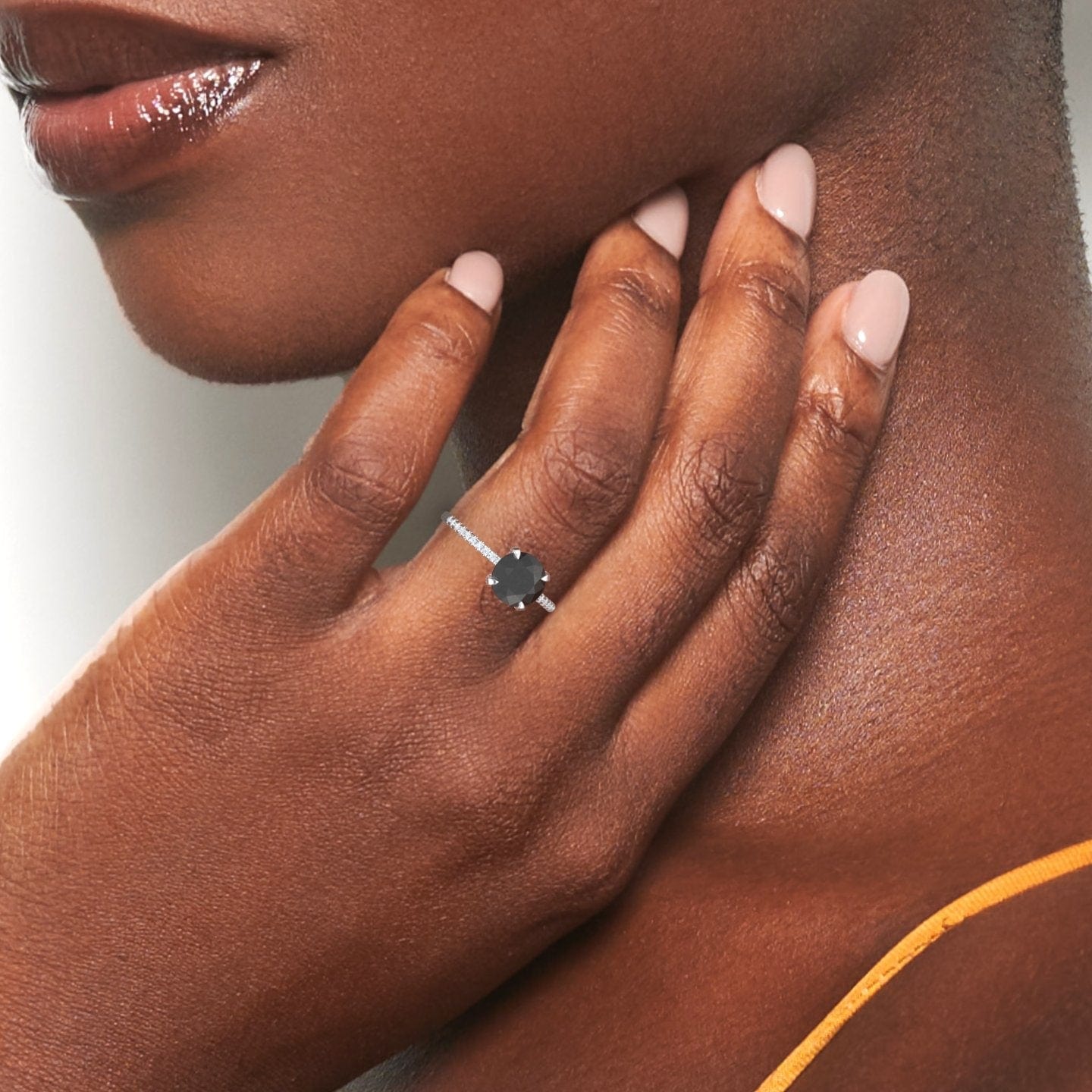 Round Hidden Halo Certified Natural Black Diamond Pave Engagement Ring - Tamara