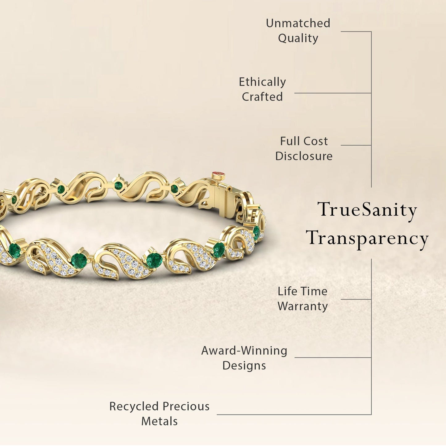 The Emerald & Diamond Swirl Link Bracelet - Elizabeth, crafted from recycled precious metals, features unmatched quality and award-winning design with green and white gemstones. Enjoy ethical sourcing, full cost transparency, and a lifetime warranty.