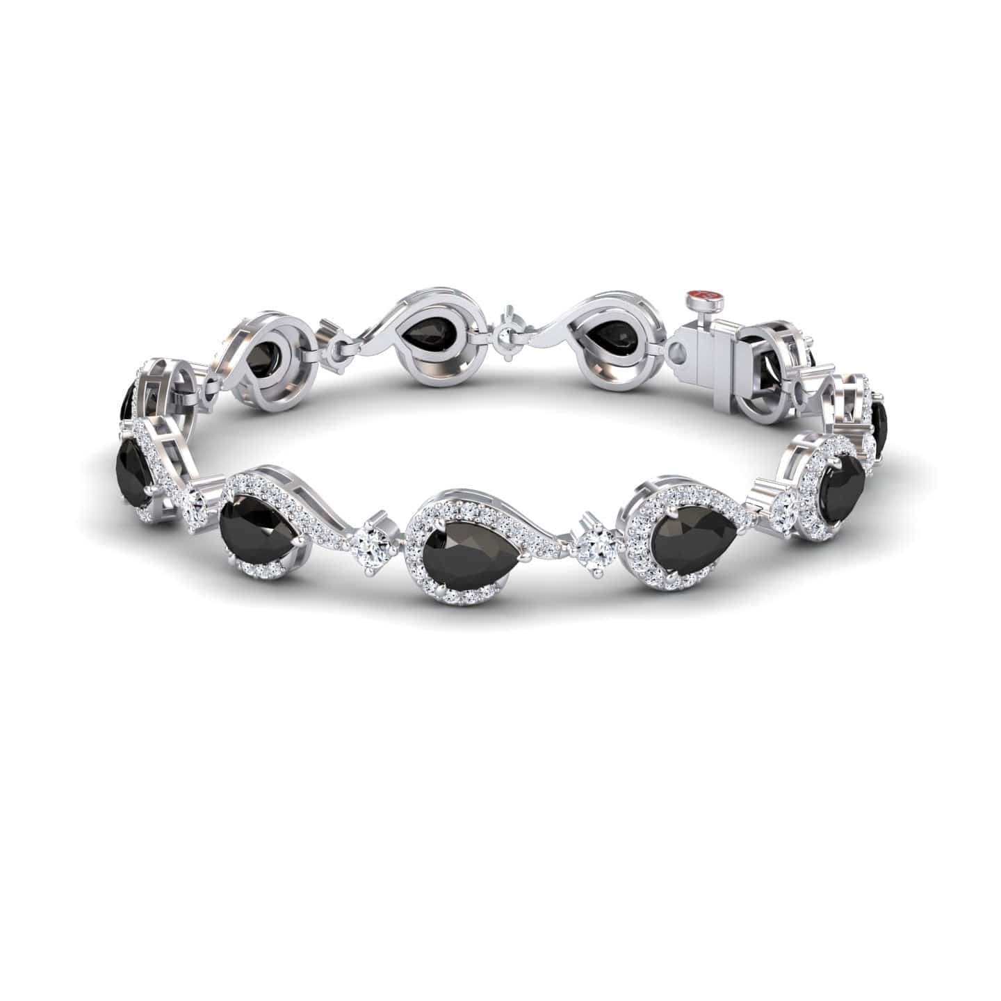 The Black & White Diamond Tennis Bracelet - Gemma features oval black gemstones framed by clear stones in a wavy, elegant pattern, with a secure clasp and sophisticated polished design.
