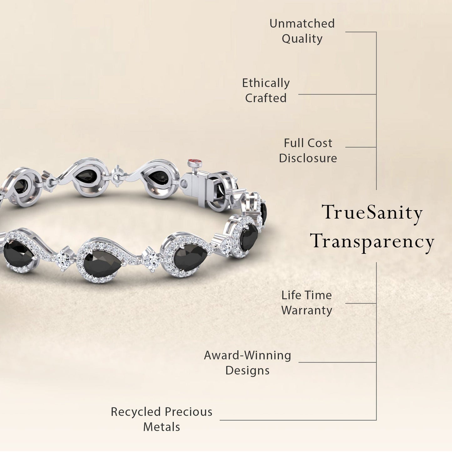 The Black & White Diamond Tennis Bracelet - Gemma is shown, featuring unmatched quality, ethical crafting, full cost disclosure, lifetime warranty, award-winning design, and recycled precious metals.