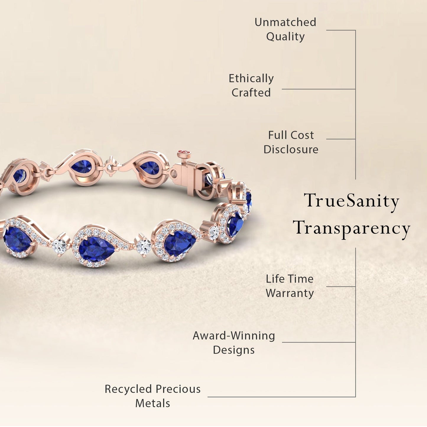 The Blue Sapphire & Diamond Tennis Bracelet - Gemma is showcased, featuring recycled rose gold, blue sapphires, diamonds, award-winning design, ethical craftsmanship, full cost transparency, unmatched quality, and a lifetime warranty.