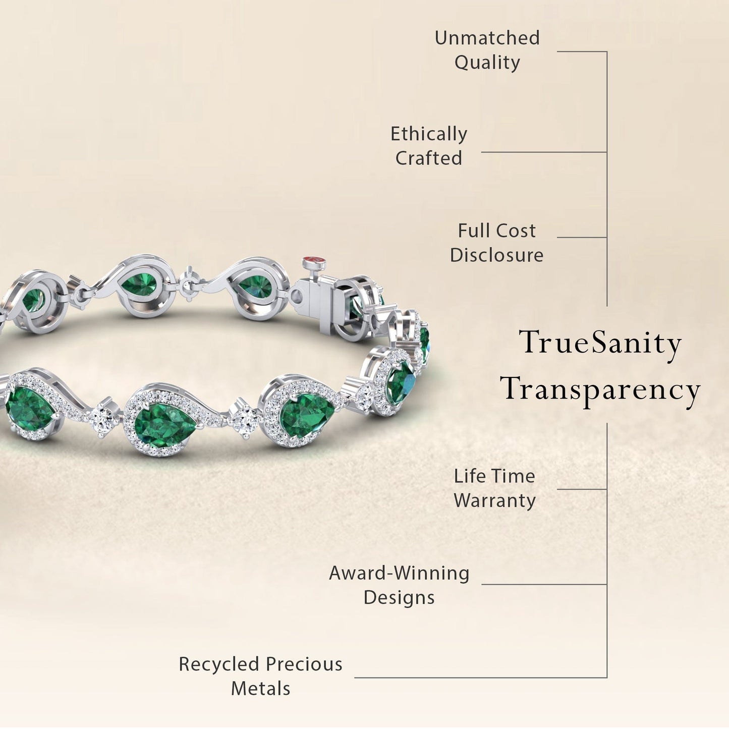The Emerald & Diamond Tennis Bracelet - Gemma is shown, with text emphasizing unmatched quality, ethical crafting, transparent pricing, a lifetime warranty, award-winning design, and recycled precious metals.