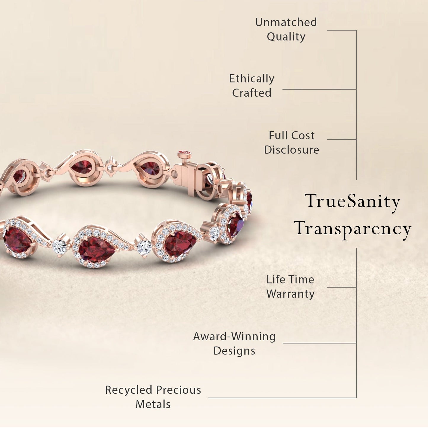 The Ruby & Diamond Tennis Bracelet - Gemma in rose gold features red gemstones and diamonds, showcasing unmatched quality, ethical crafting, transparent pricing, a lifetime warranty, award-winning design, and recycled metals.
