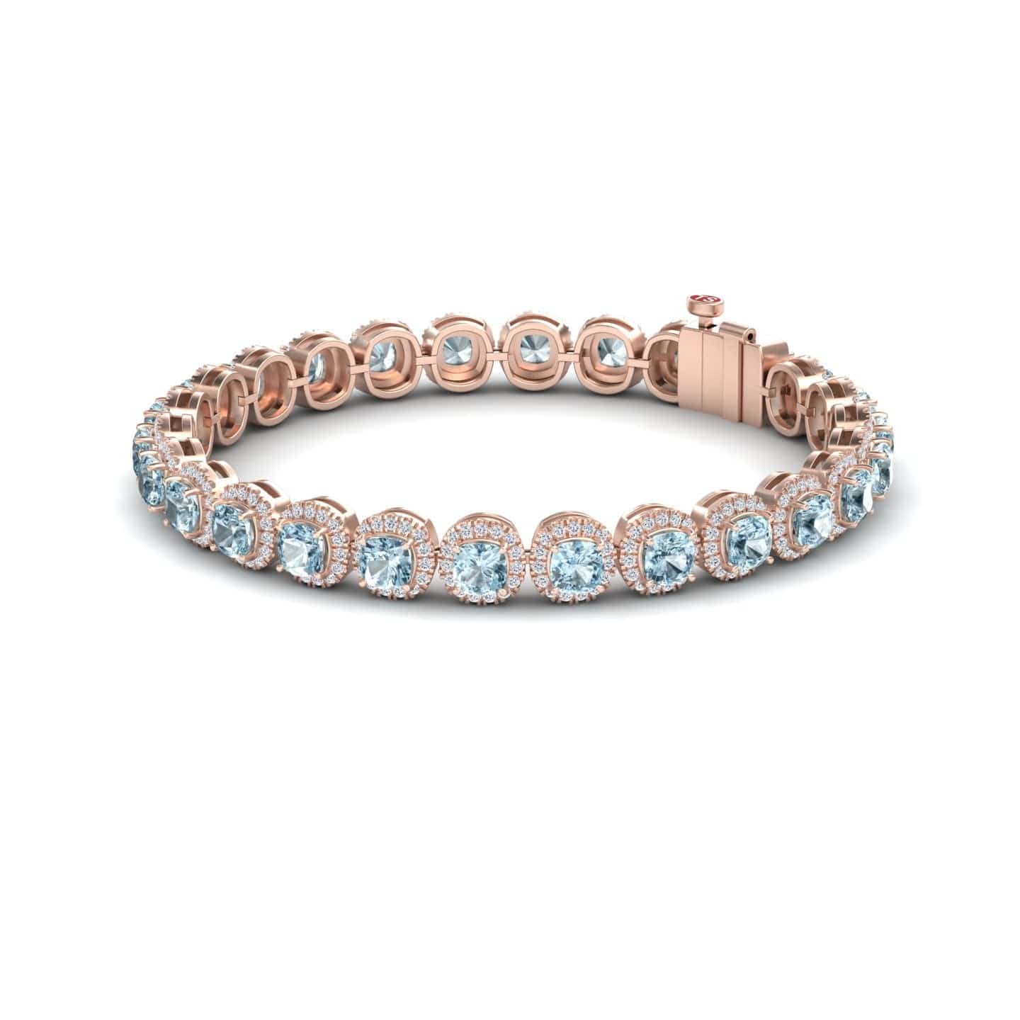 The Aquamarine & Diamond Halo Tennis Bracelet - Isabella features a row of sparkling diamonds and aquamarines in individual halo settings, finished with a secure clasp in elegant rose gold.