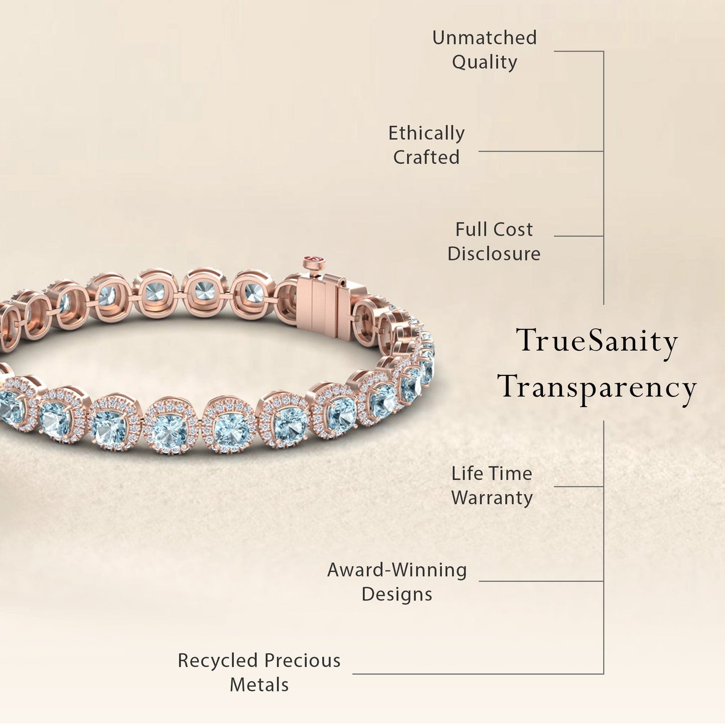 The Aquamarine & Diamond Halo Tennis Bracelet - Isabella in rose gold is displayed. Text highlights unmatched quality, ethical craftsmanship, full cost disclosure, lifetime warranty, award-winning design, and recycled metals.
