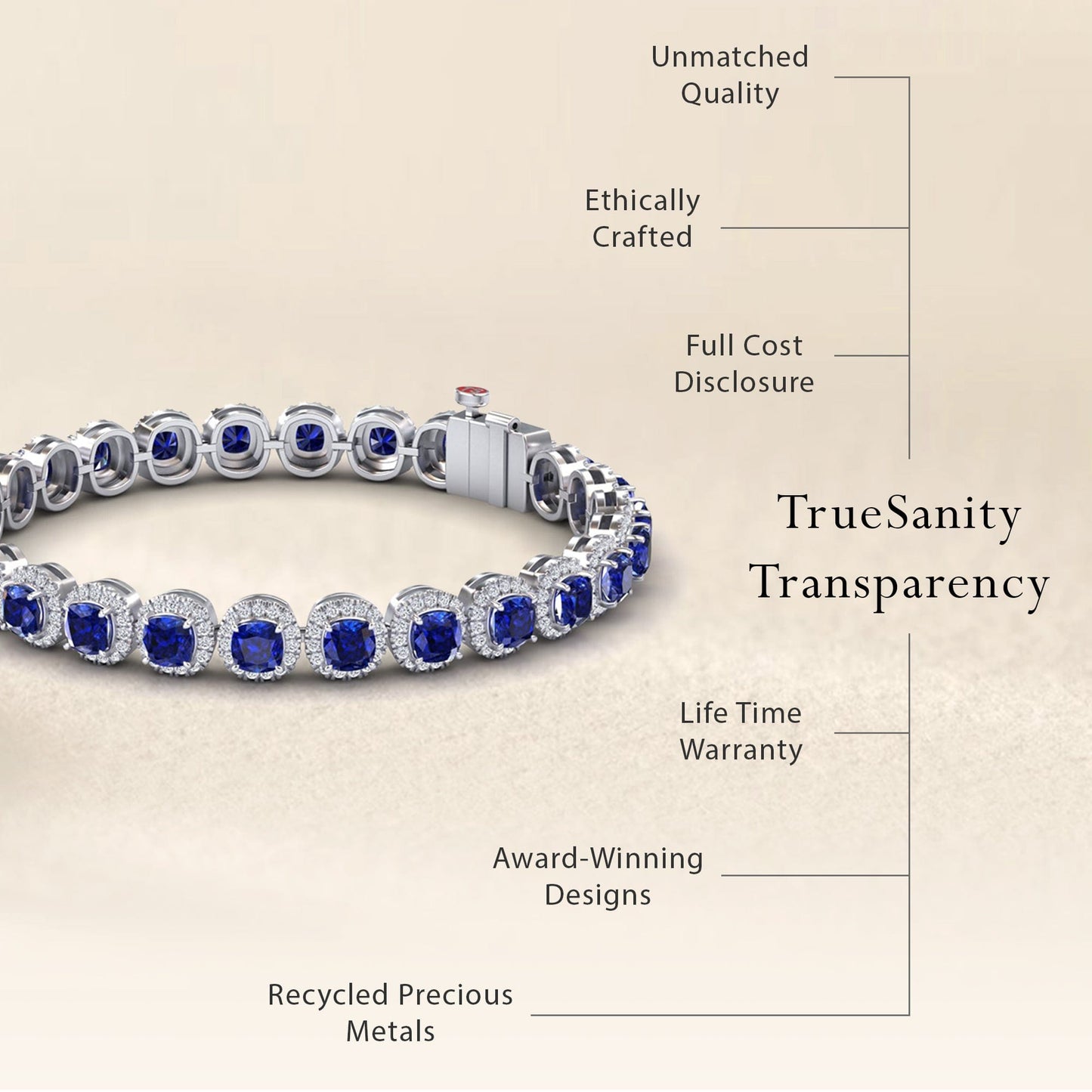 The Lab Grown Blue Sapphire & Diamond Halo Tennis Bracelet - Isabella features blue sapphires and diamond accents, is ethically crafted with recycled metals, offers full cost disclosure, unmatched quality, a lifetime warranty, and award-winning design.