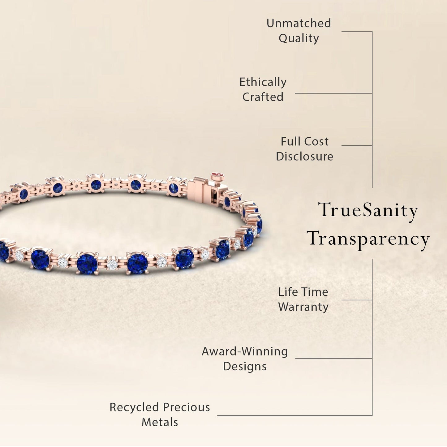 The Blue Sapphire & Diamond Tennis Bracelet - Natalia is showcased, featuring blue gemstones, unmatched quality, ethical crafting, transparent pricing, a lifetime warranty, award-winning design, and recycled precious metals.