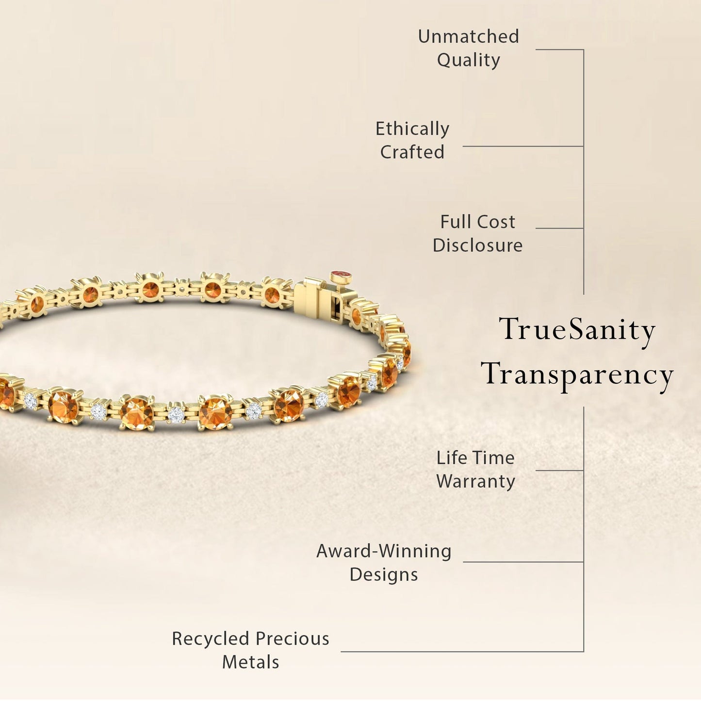 The Citrine & Diamond Tennis Bracelet - Natalia is displayed, featuring unmatched quality, ethical crafting, full cost transparency, a lifetime warranty, award-winning design, and recycled metals. TrueSanity Transparency is emphasized.