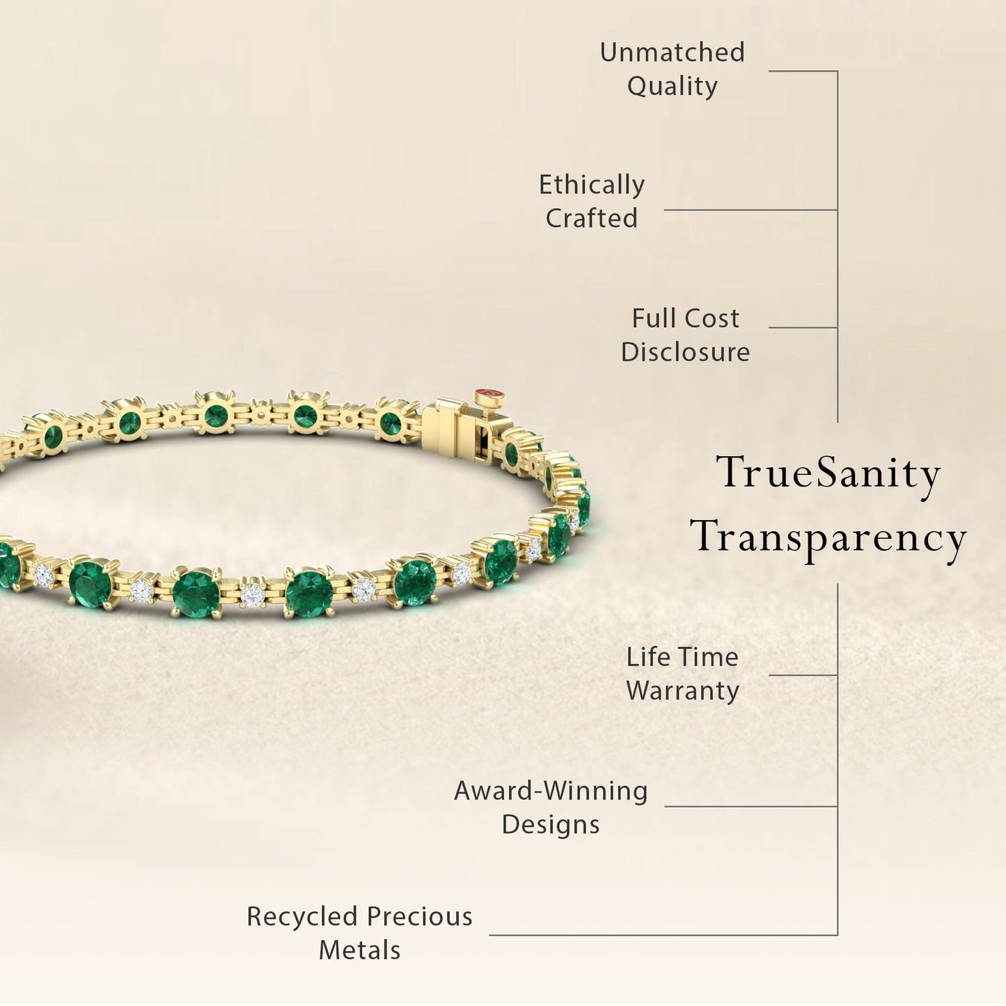 The Emerald & Diamond Tennis Bracelet - Natalia is displayed on a beige background. Text highlights unmatched quality, ethical craftsmanship, full cost transparency, a lifetime warranty, award-winning design, and recycled precious metals.
