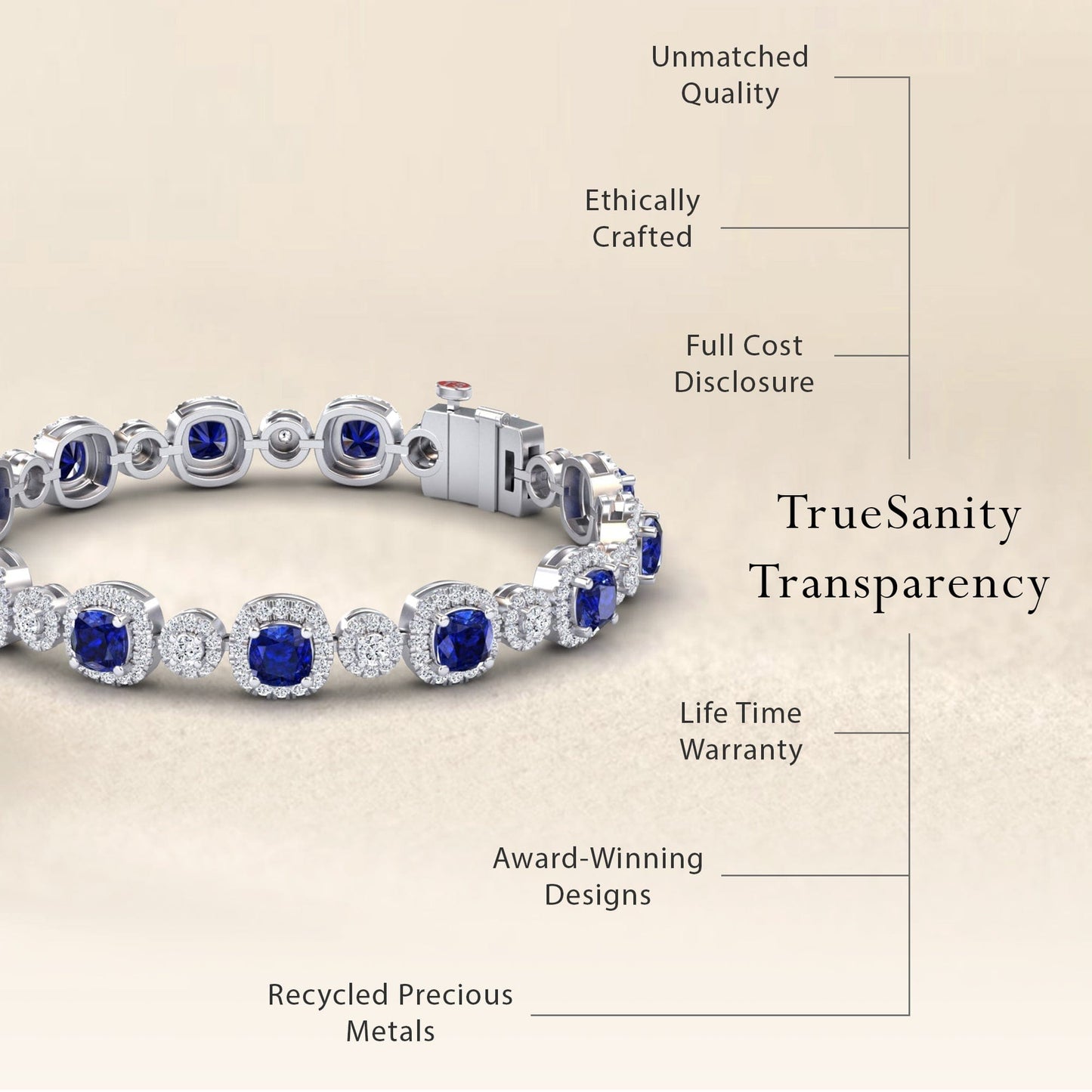 The Lab Grown Blue Sapphire & Diamond Tennis Bracelet - Erina is showcased with labels: unmatched quality, ethical craft, full cost transparency, lifetime warranty, award-winning design, and recycled metals. Text: TrueSanity Transparency.