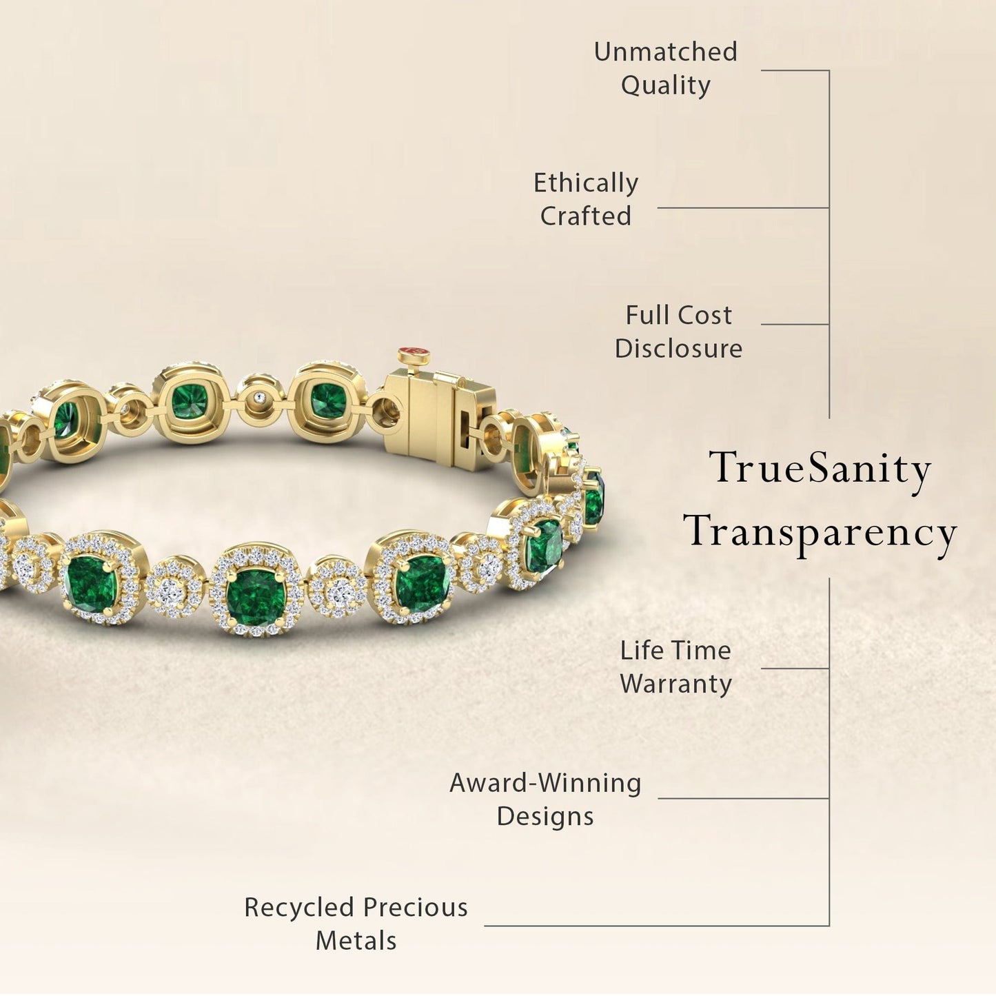 The Lab Grown Emerald & Diamond Tennis Bracelet - Erina features green gemstones and diamonds, unmatched quality, ethical craftsmanship, full cost disclosure, a lifetime warranty, award-winning design, and recycled precious metals.