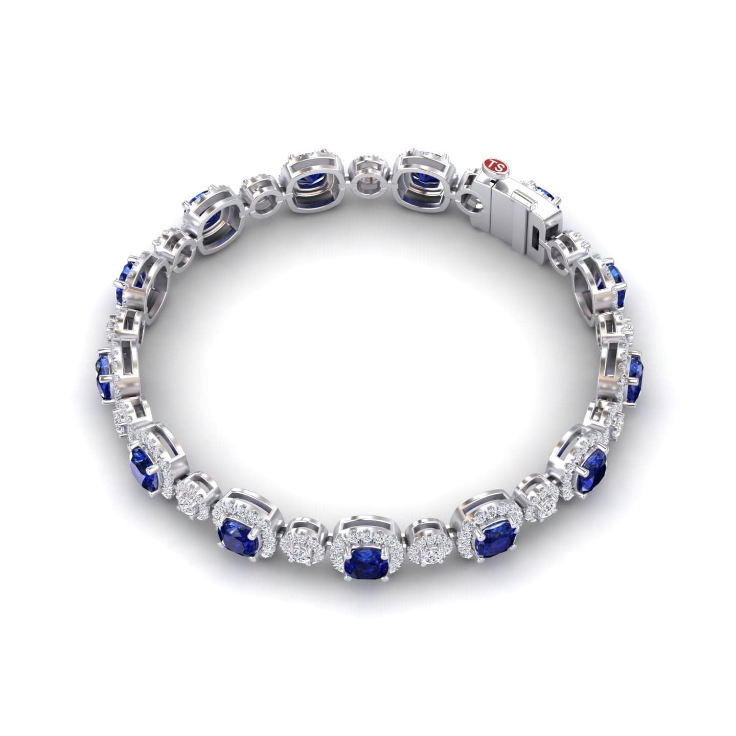The Erina Lab Grown Blue Sapphire & Diamond Tennis Bracelet showcases alternating round blue sapphires and clear diamonds in prong settings, finished with a secure clasp.