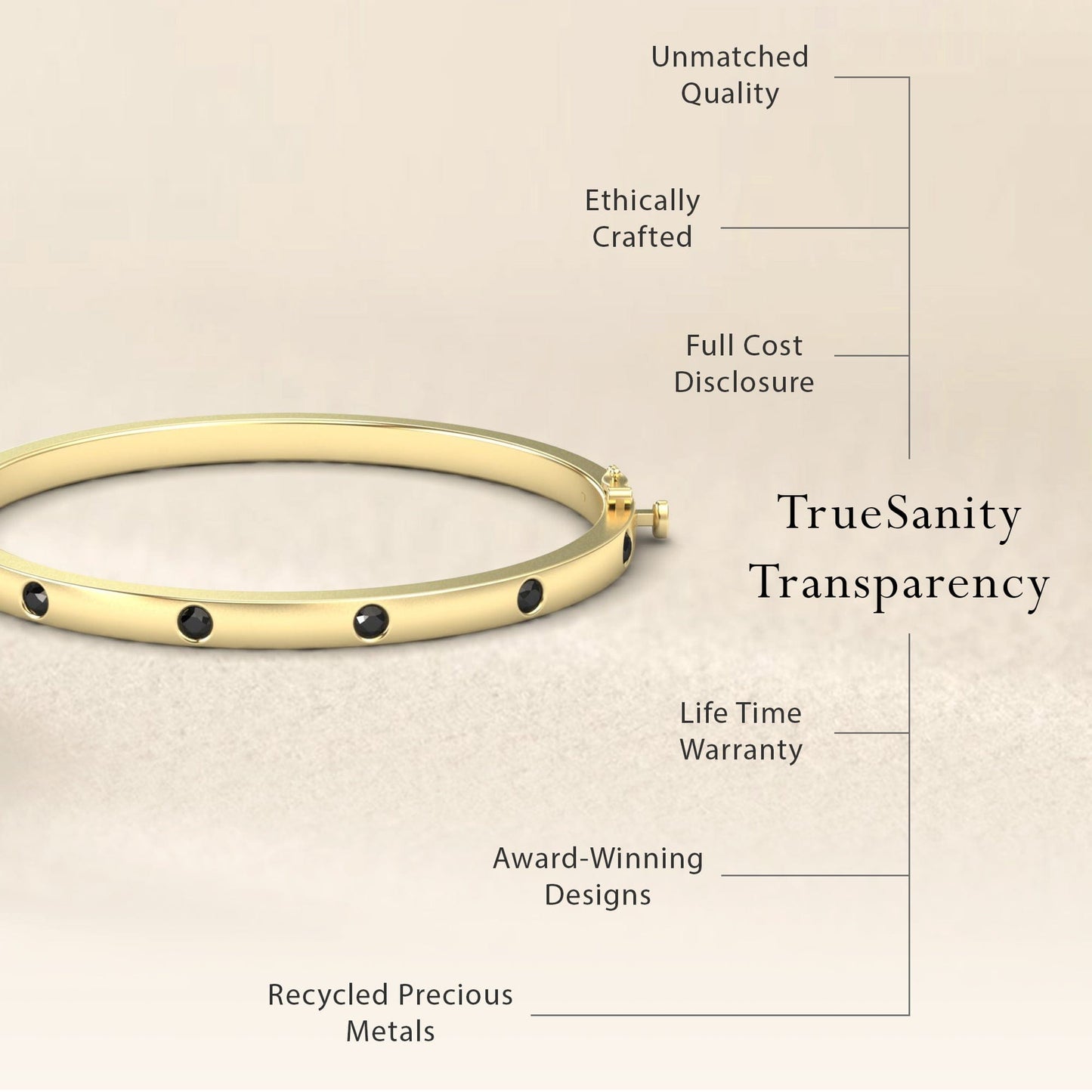 The Black Diamond Bezel-Set Bracelet - Flavia is displayed on a beige background. Features include unmatched quality, ethical crafting, transparent pricing, a lifetime warranty, award-winning design, and recycled precious metals.