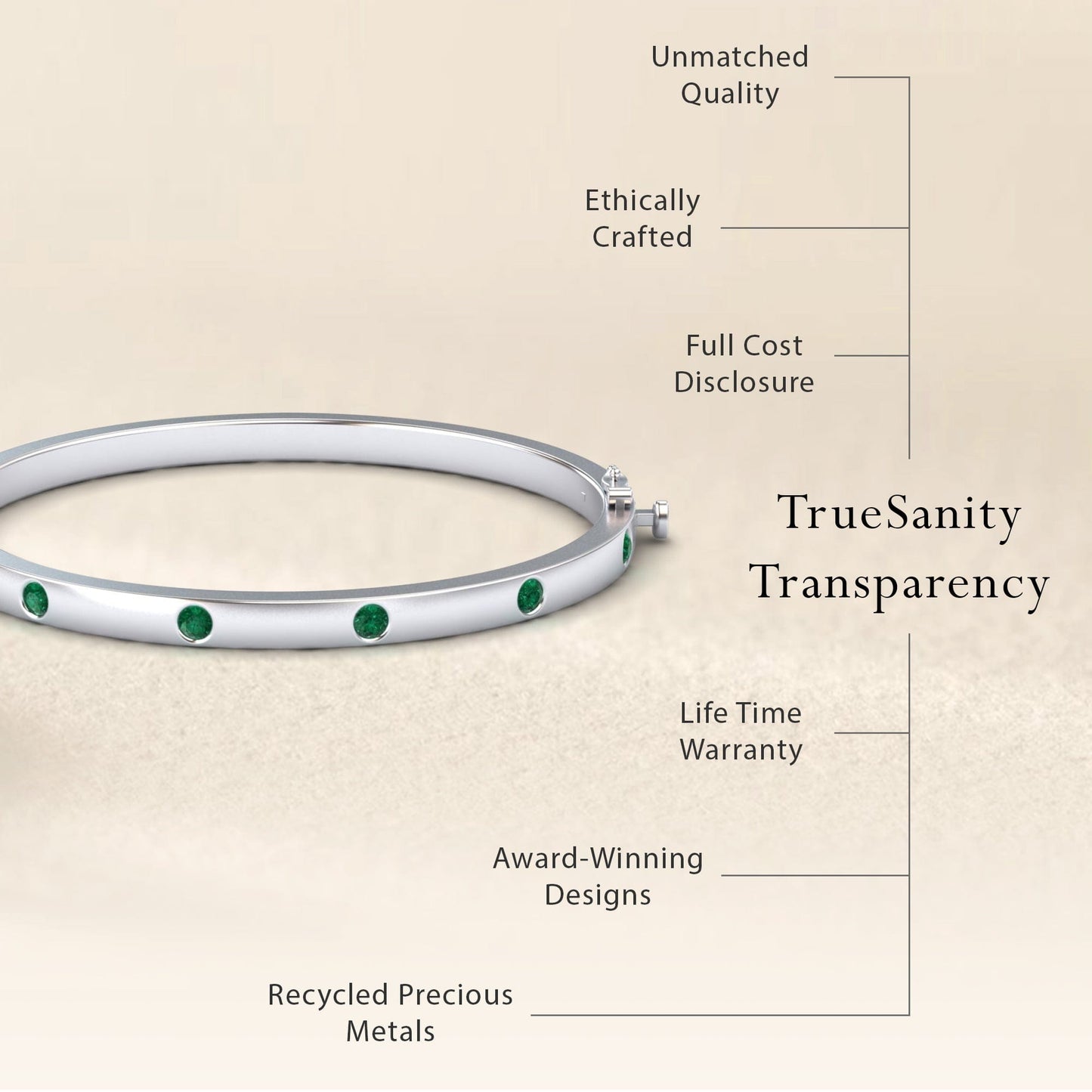 The Emerald Bezel-Set Bracelet - Flavia, shown on a light background, features recycled silver and green gemstones—offering unmatched quality, ethical craftsmanship, transparent pricing, a lifetime warranty, and award-winning design.