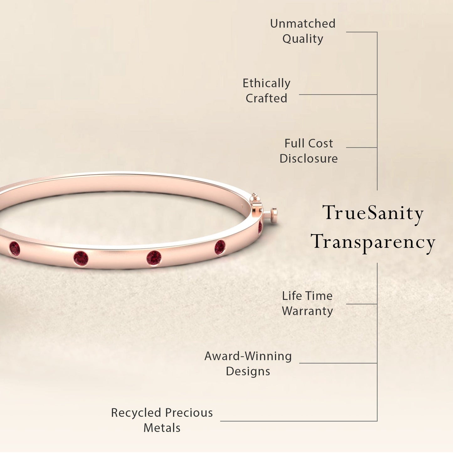 The RUBY Bezel-Set Bracelet - Flavia, crafted in rose gold with red gemstones, is displayed on beige. Features include unmatched quality, ethical crafting, transparent pricing, lifetime warranty, award-winning design, and recycled metals.