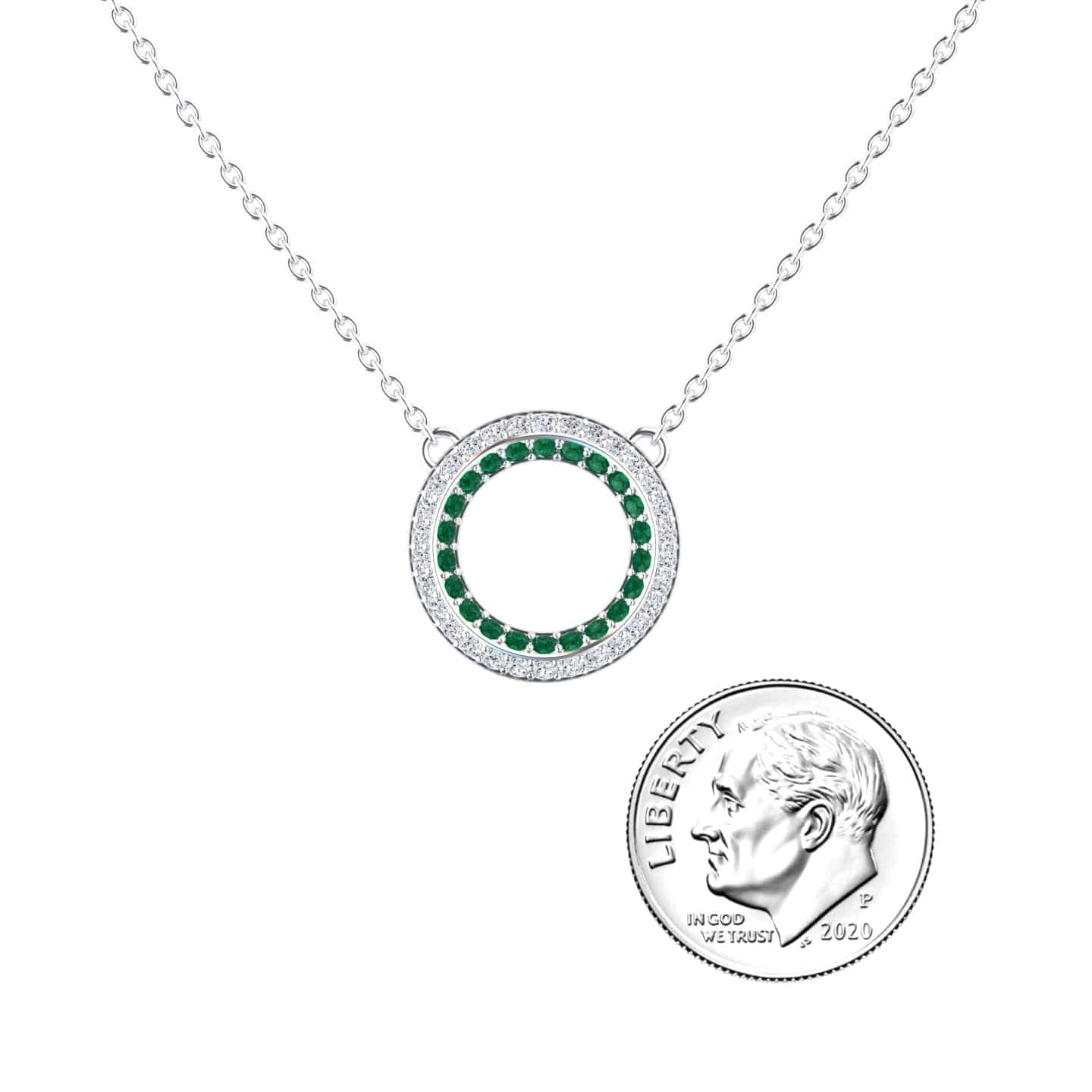 Emerald & Diamond Double Halo Circle Necklace - Mona