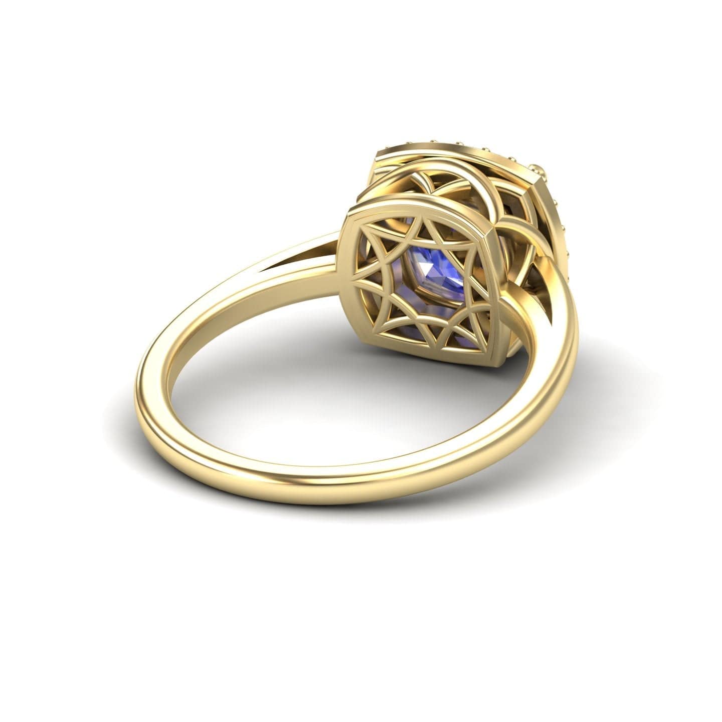 The Tanzanite & Diamond Halo Ring - Ziva features a polished band and an elegant modern design, showcasing a vibrant tanzanite center stone encircled by sparkling diamonds.