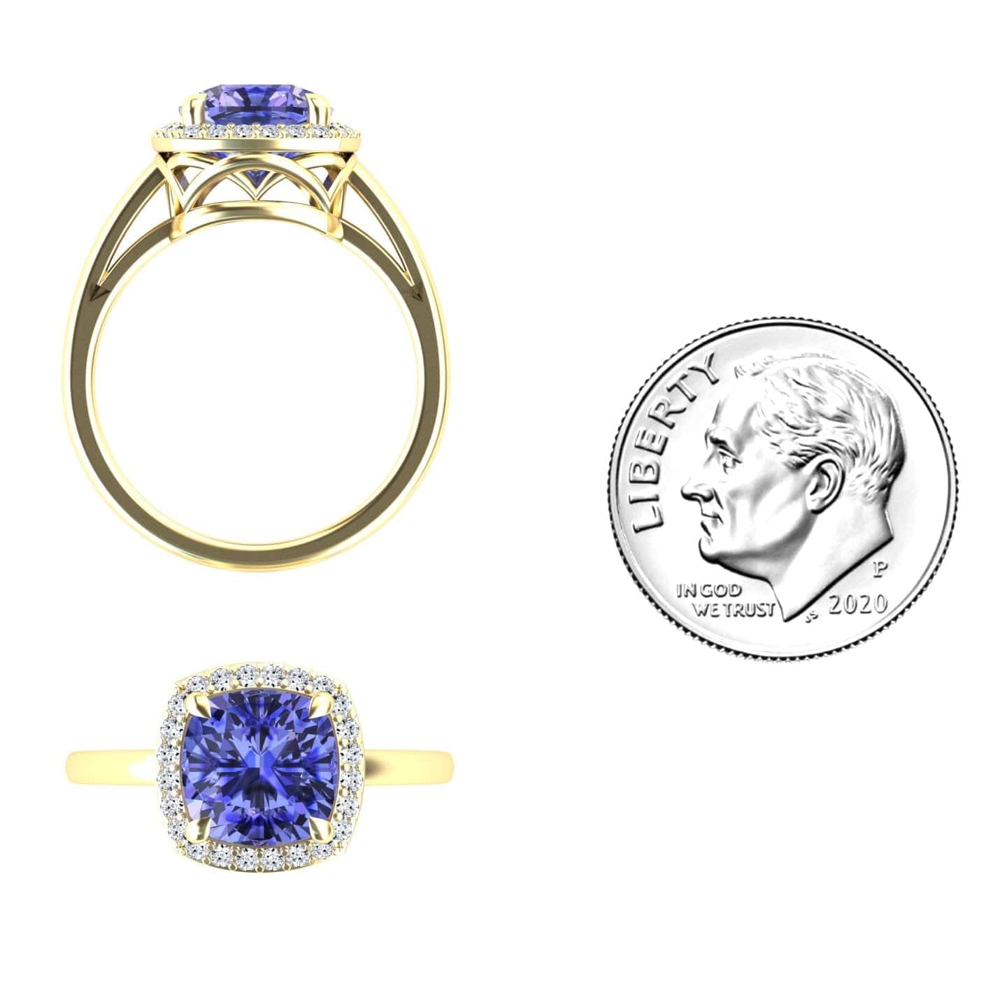 The Tanzanite & Diamond Halo Ring - Ziva features a large square blue tanzanite gemstone surrounded by small diamonds, shown from top and side views next to a 2020 U.S. dime for size comparison.