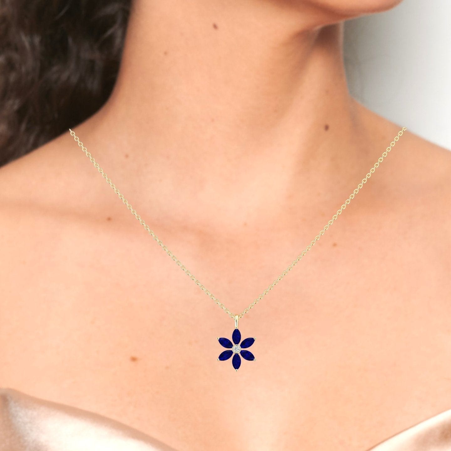 Lab Grown Blue Sapphire & Diamond Floral Necklace - Erin