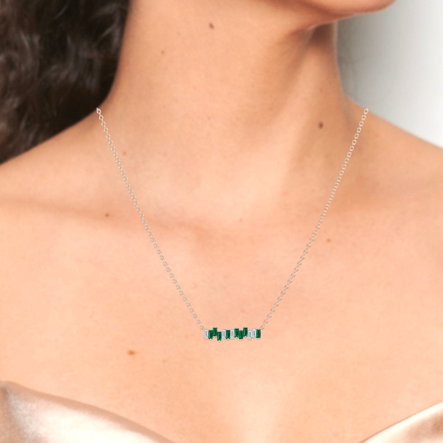 Lab Grown Emerald & Diamond Geometric Bar Necklace - Fernanda