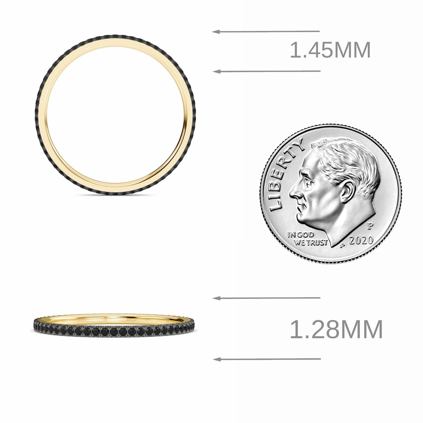 The Black Diamond Ballad Eternity Ring - Colleen, a slim gold band set with small black diamonds, is displayed from the top and side next to a U.S. dime for scale, with arrows marking thicknesses of 1.45mm and 1.28mm.