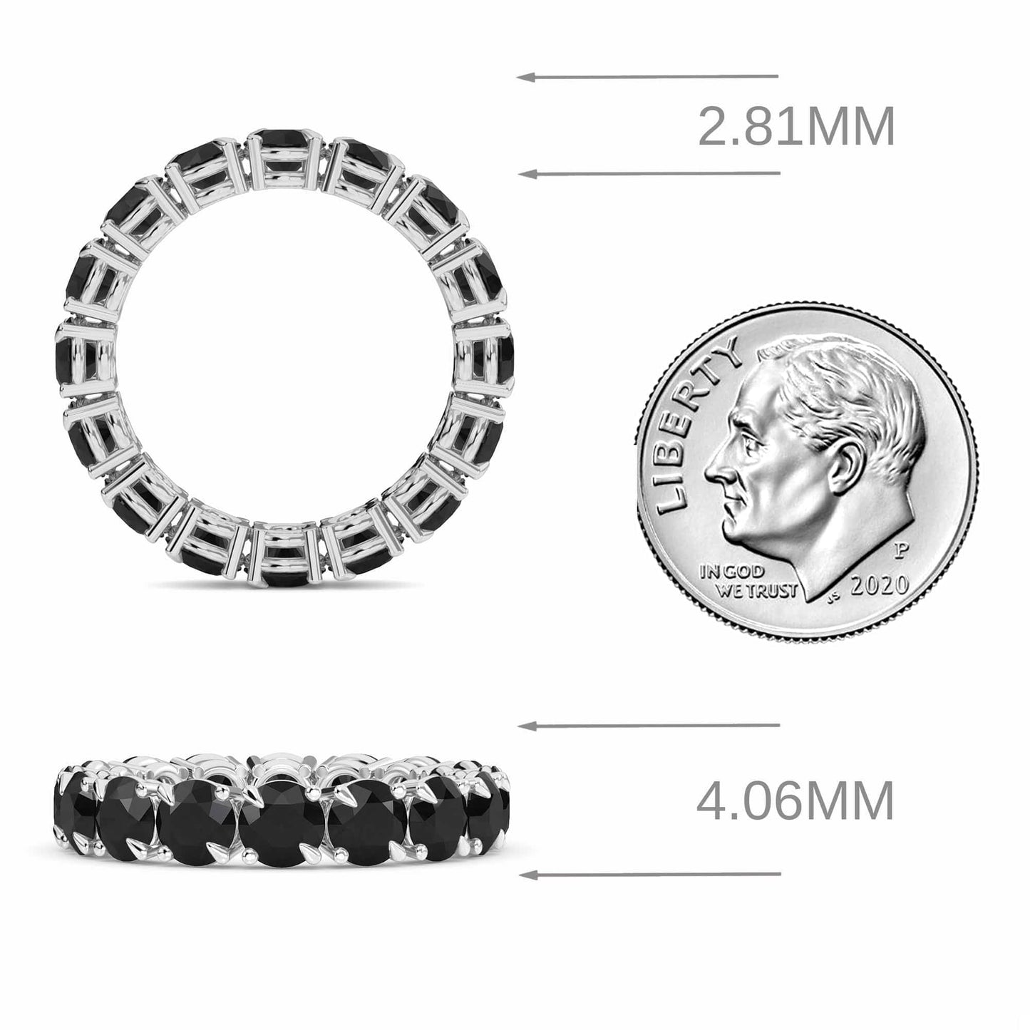The Black Diamond Prong Set Eternity Band - Mehak is displayed from the top and side, next to a 2020 U.S. dime for scale. Arrows show the band measures 2.81mm in height and 4.06mm in width.