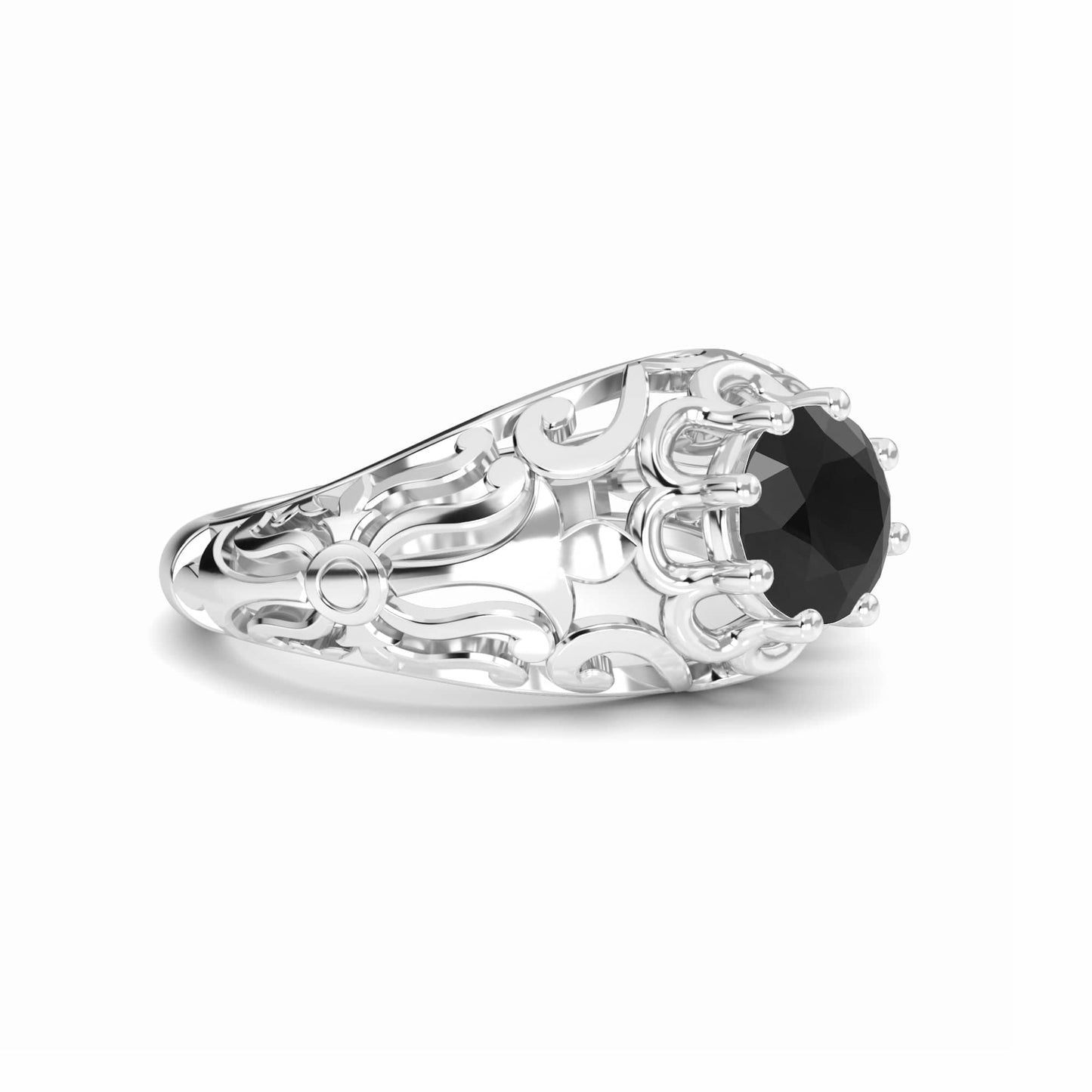 The Black Diamond Mens Filigree Ring - Hadley features a large round black gemstone set in prongs on a silver band with an ornate filigree design.