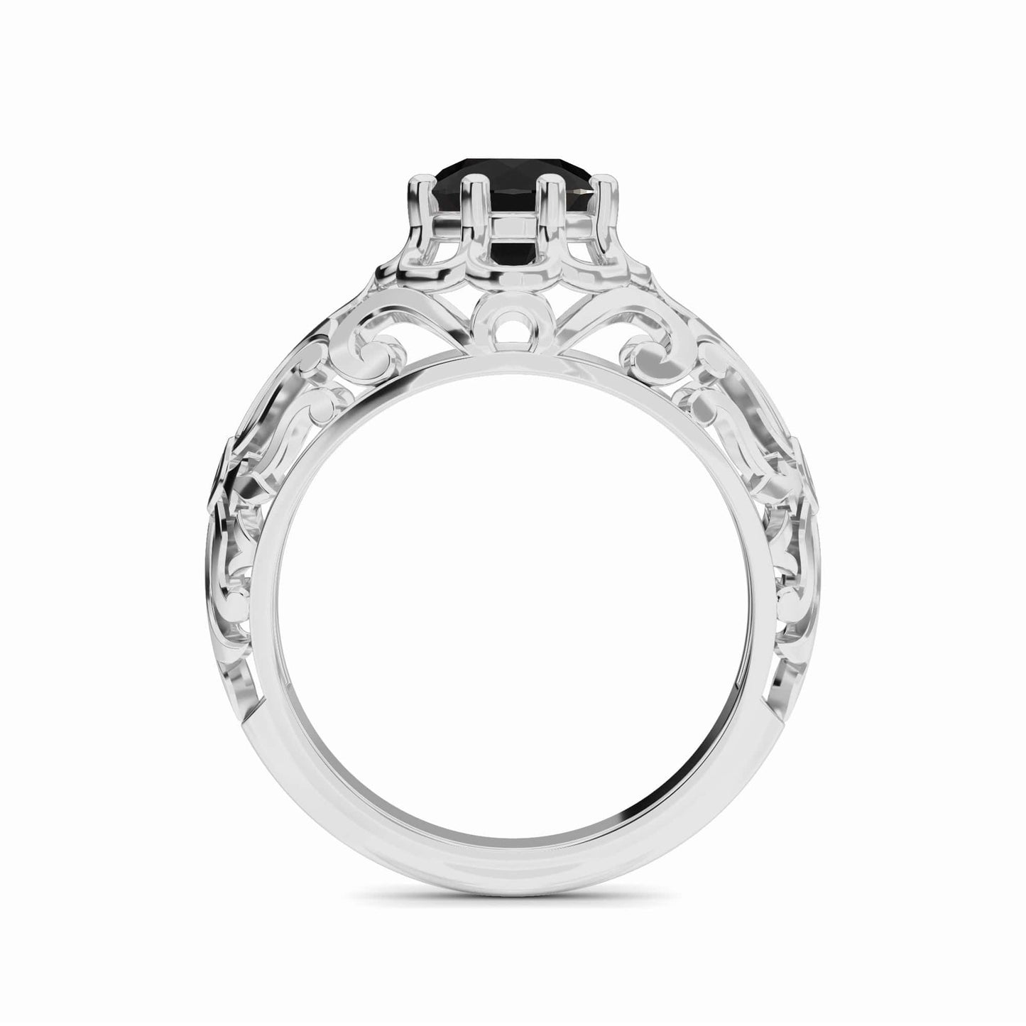 Side view of the Black Diamond Mens Filigree Ring - Hadley, showcasing an intricate silver filigree design with a dark oval gemstone in a claw setting, displayed against a plain white background.
