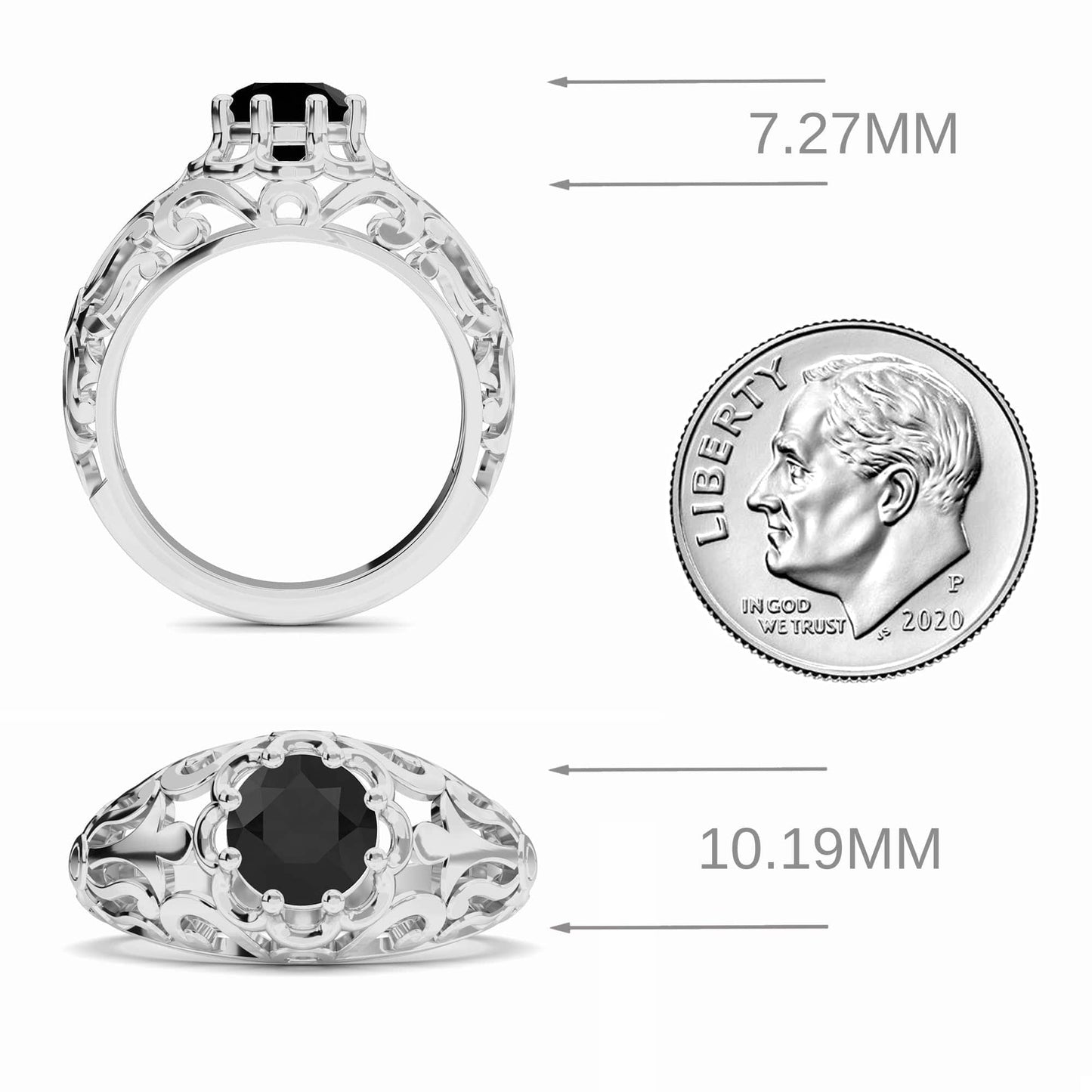 The Black Diamond Mens Filigree Ring - Hadley is shown from side and top views beside a U.S. dime for size comparison. The ring measures 7.27mm in height and 10.19mm in width, featuring a round black gemstone set in silver.