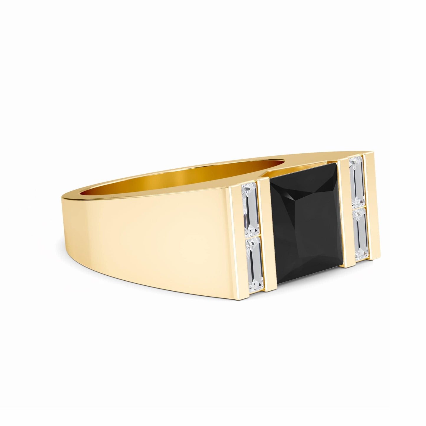 The Casper Black & White Diamond Mens Statement Ring showcases a large square black diamond center, accented by two rectangular white diamonds on each side, displayed against a white background.