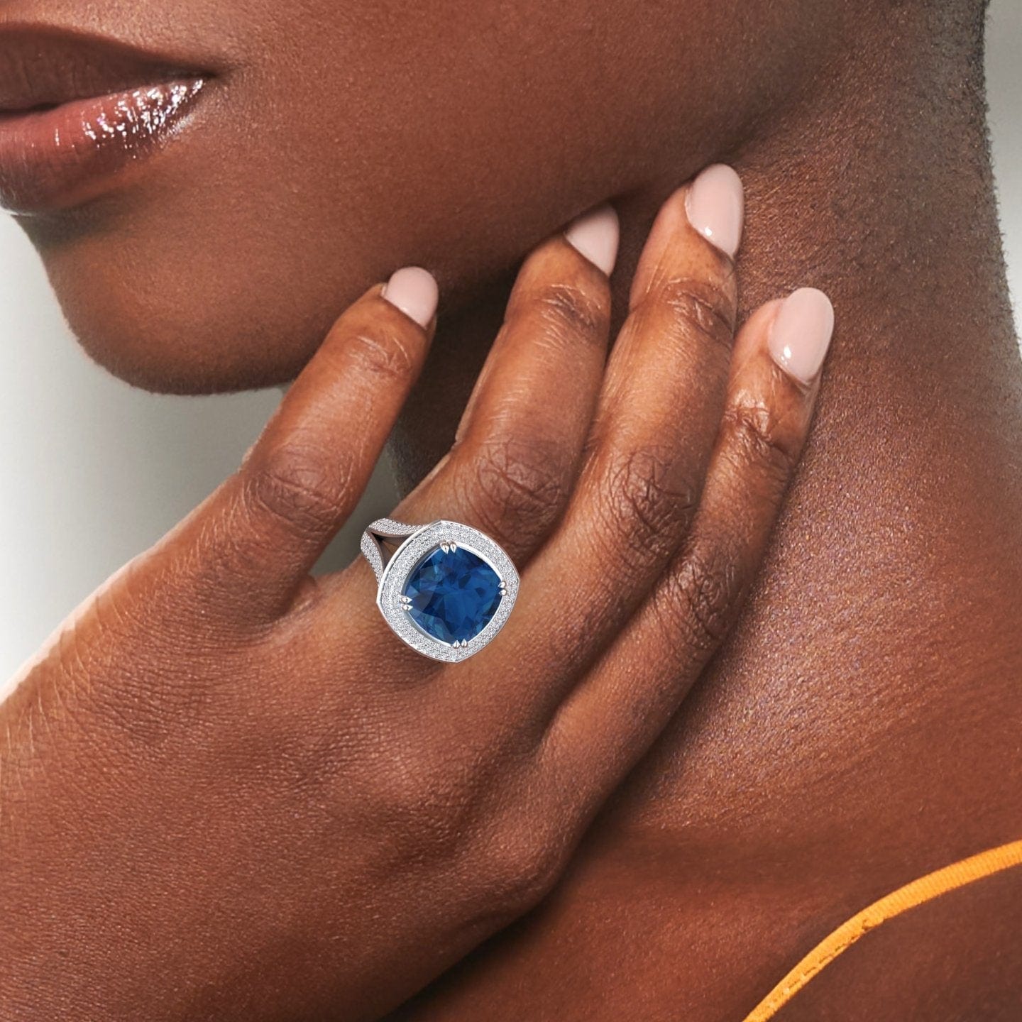 London Blue Topaz & Diamond Halo Statement Ring - Pooja