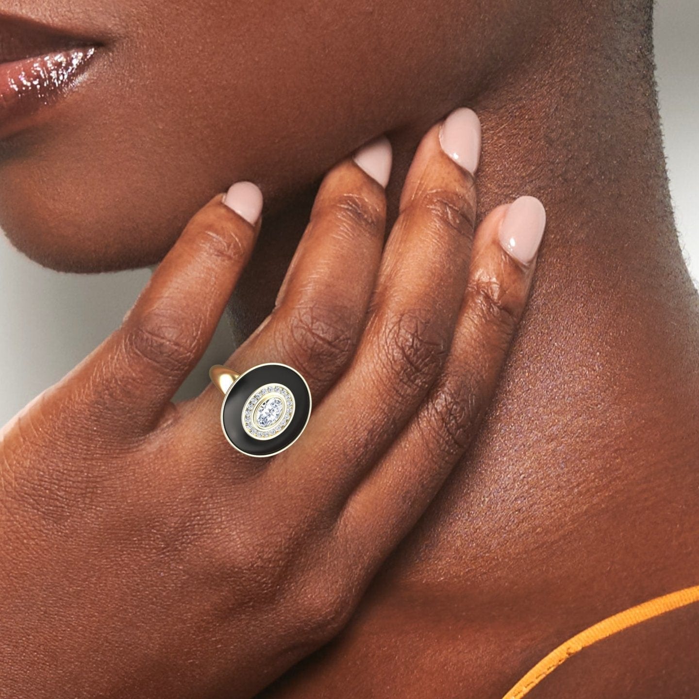 White Diamond Black Enamel Halo Ring - Camille