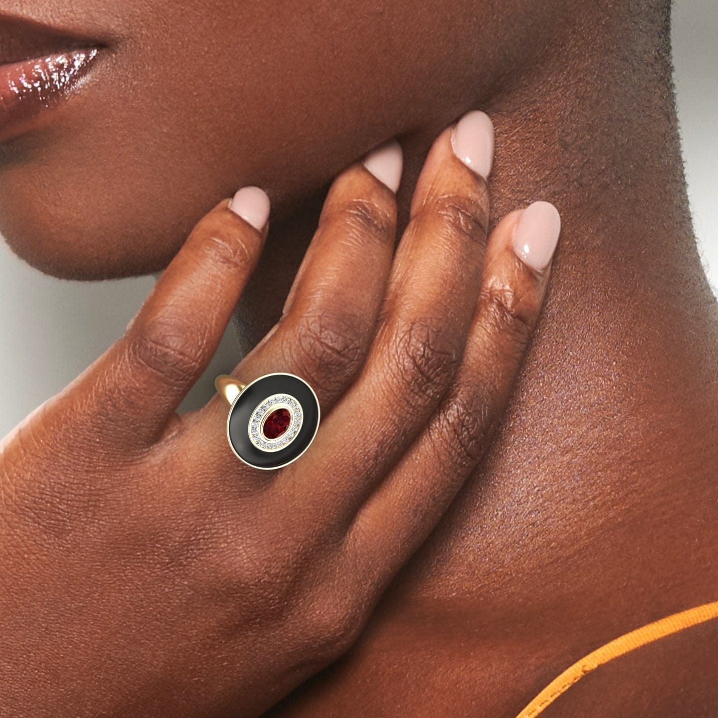 Ruby & Diamond Black Enamel Halo Ring - Camille