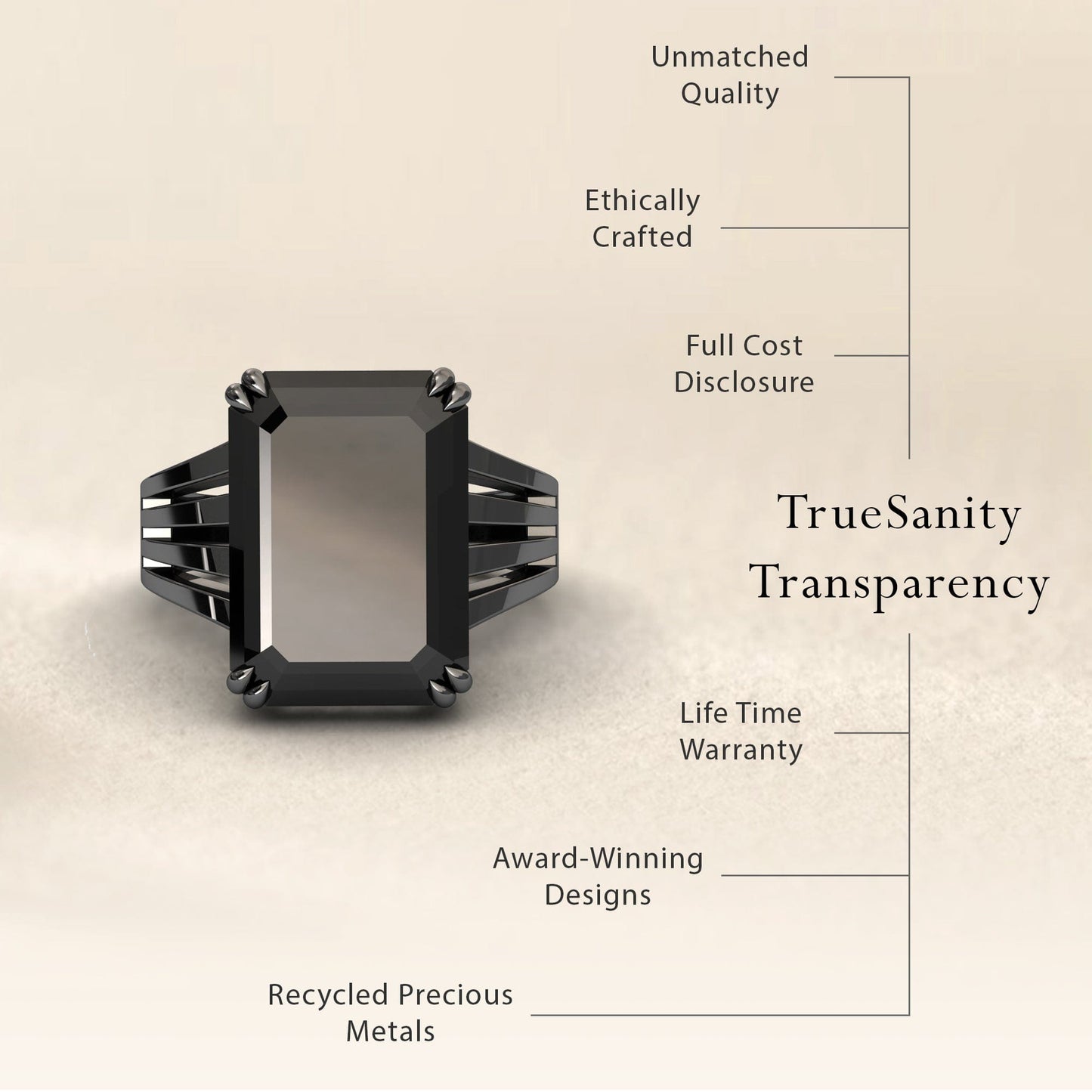 The Black & White Diamond Fashion Solitaire Ring - Tasmia features a rectangular dark gemstone on a black metal band, showcasing TrueSanity Transparency: unmatched quality, ethical crafting, full cost disclosure, lifetime warranty, award-winning design, and recycled metals.
