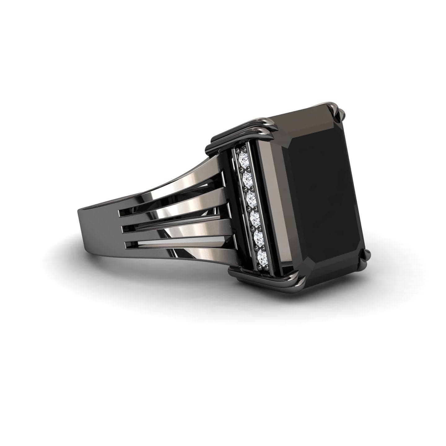 The Black & White Diamond Fashion Solitaire Ring - Tasmia showcases a sleek black band with a large rectangular black gemstone and a row of white diamonds, beautifully displayed against a white background.