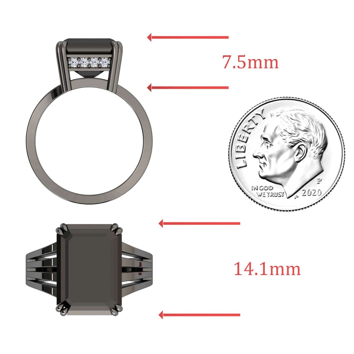 The Black & White Diamond Fashion Solitaire Ring - Tasmia is displayed from two angles beside a dime for scale. Its band is 7.5mm wide with a 14.1mm long stone setting, highlighted by red arrows and measurements.