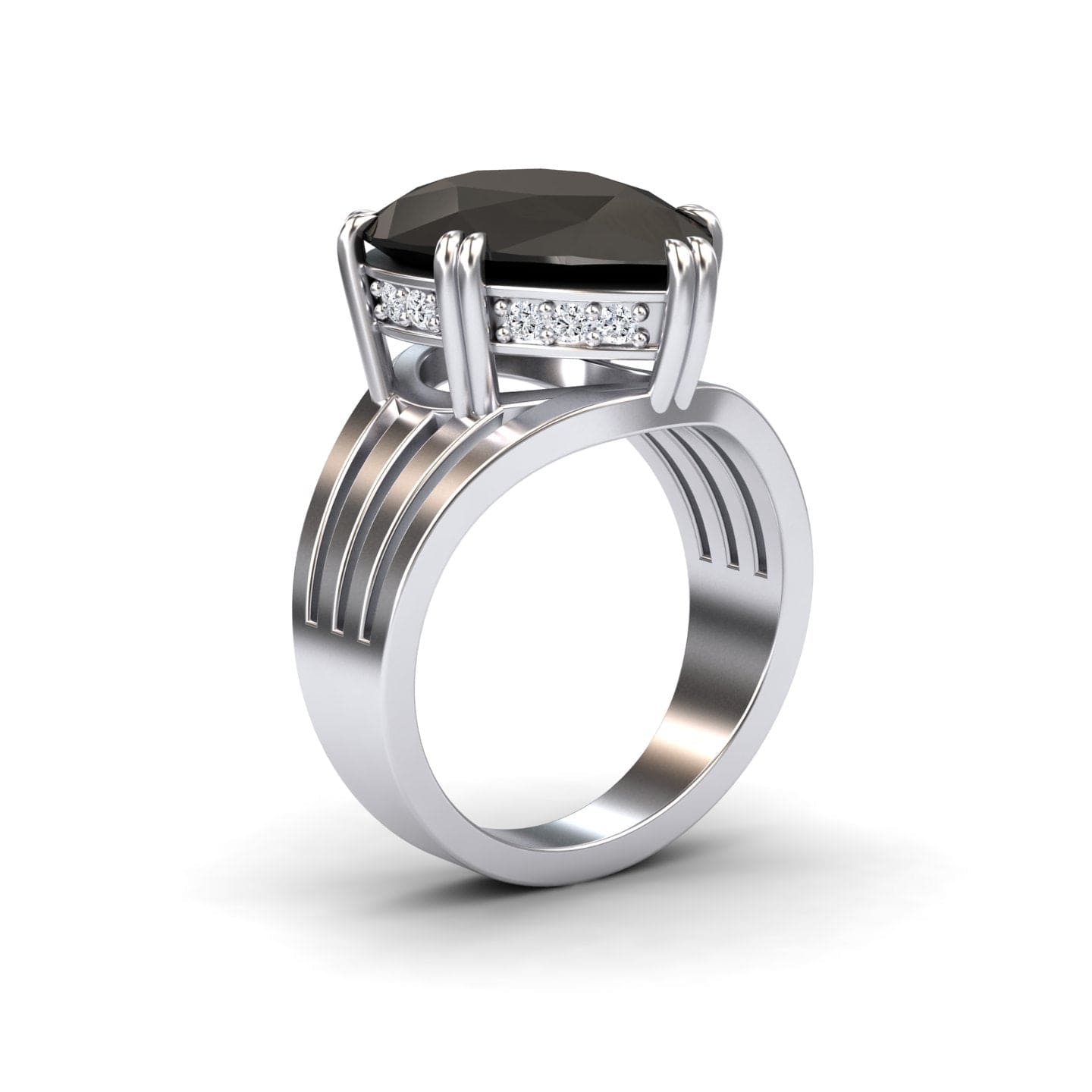 The Black & White Diamond Regal Ring - Anna features a large, round black gemstone in a raised four-prong setting, accented with small clear stones beneath the center gem and a band with three parallel grooves.