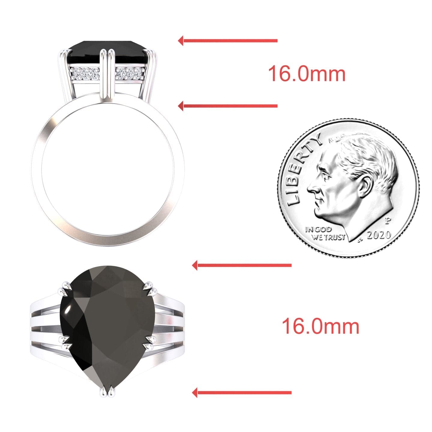 The Black & White Diamond Regal Ring - Anna features a large pear-shaped black gemstone, shown from the side and top beside a US dime. Red arrows indicate the gems 16.0mm length, matching the dime’s diameter.