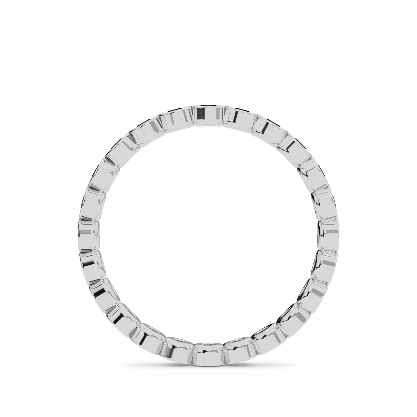 The Zara Black Diamond Bezel Set Eternity Band Ring features bezel-set black diamonds all around, displayed upright against a plain white background.