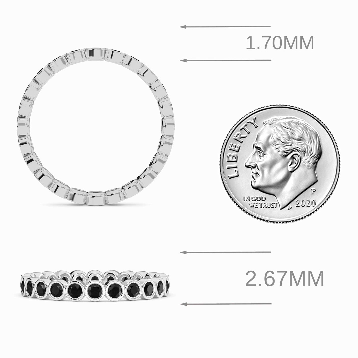 The Black Diamond Bezel Set Eternity Band Ring - Zara is displayed from top and side views next to a U.S. dime for scale. The ringโs width measures 1.70mm from the top view and 2.67mm from the side view.
