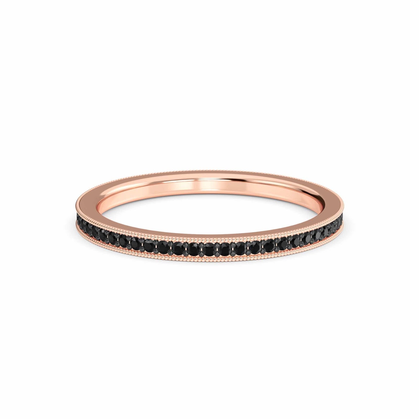 The Black Diamond Milgrain Eternity Pave Band - Mariel is a thin rose gold ring with small black diamonds set along the top and delicate milgrain beaded detailing on each side.