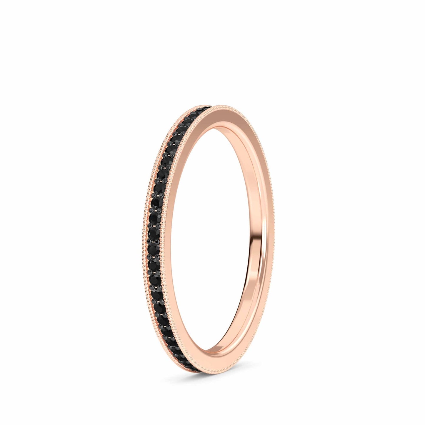 The Black Diamond Milgrain Eternity Pave Band - Mariel is a thin rose gold ring with a continuous row of small black diamonds and delicate milgrain detailing along the edges.